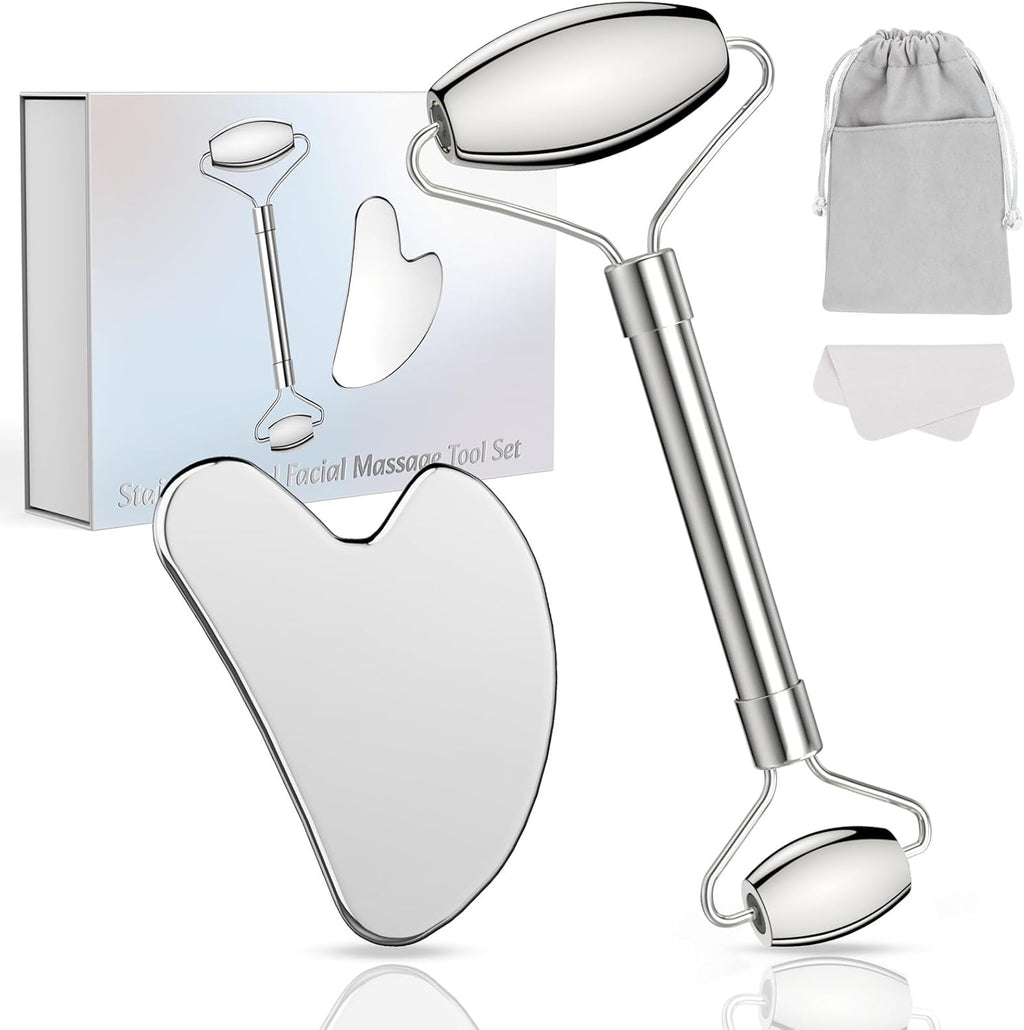 Alyvisun Gua Sha Set aus Edelstahl Gesichtsmassage Roller gegen Schwellungen