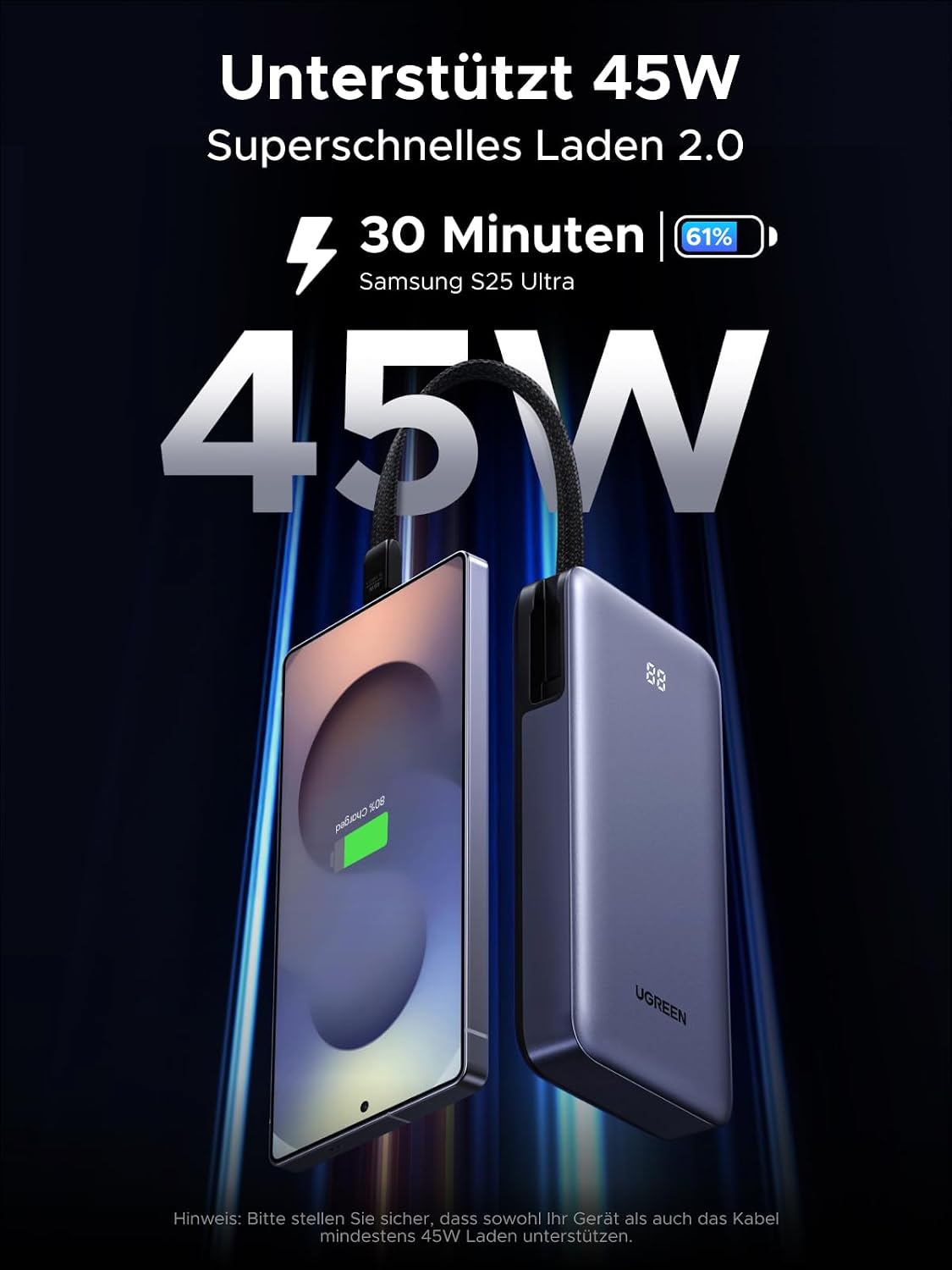 UGREEN Powerbank 20000 mAh 45W mit integriertem USB‑C‑Kabel Power Delivery