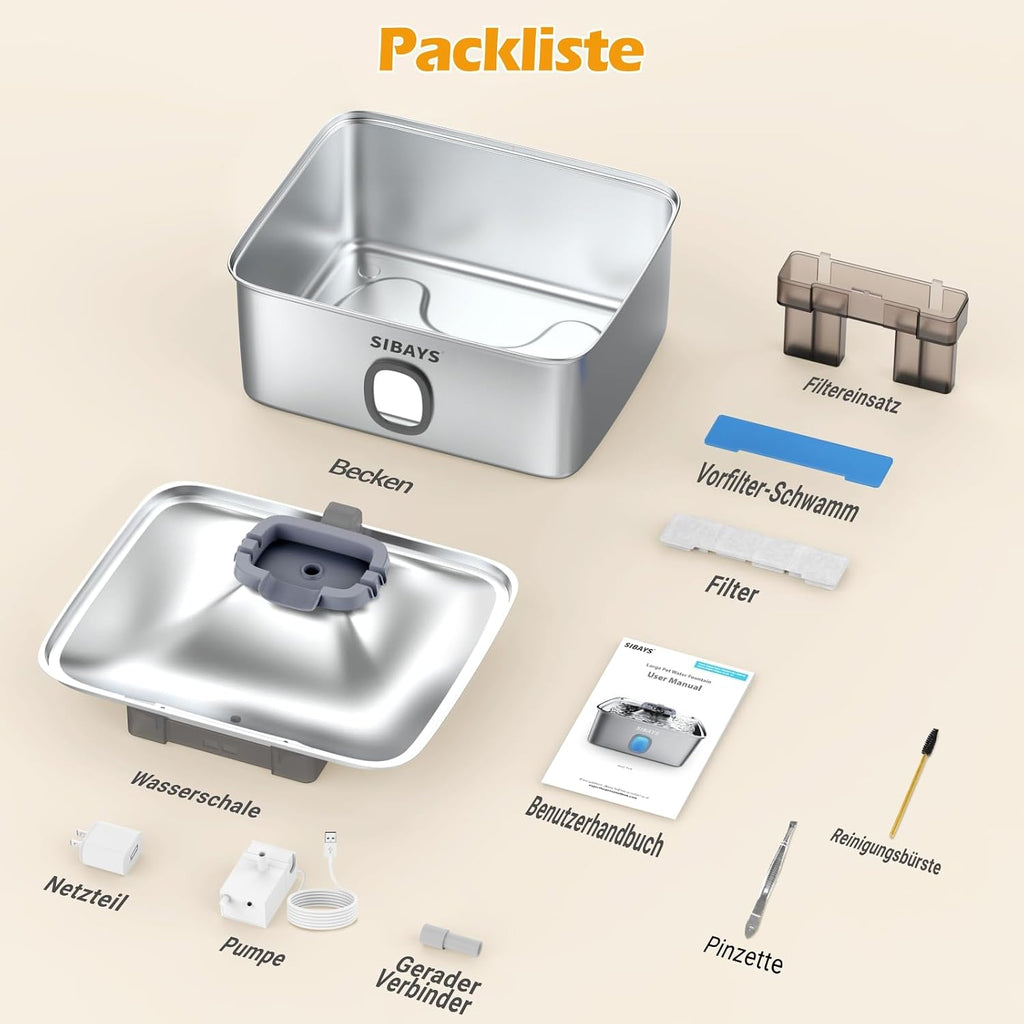 Edelstahl Trinkbrunnen 15L fuer Katze und Hund mit breiter Schale und LED