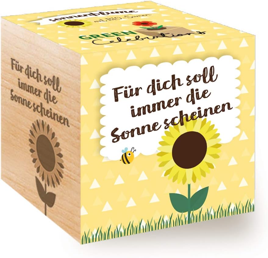 Ecocube Sonnenblume Anzuchtset Holz-Wuerfel mit Samen Geschenkidee