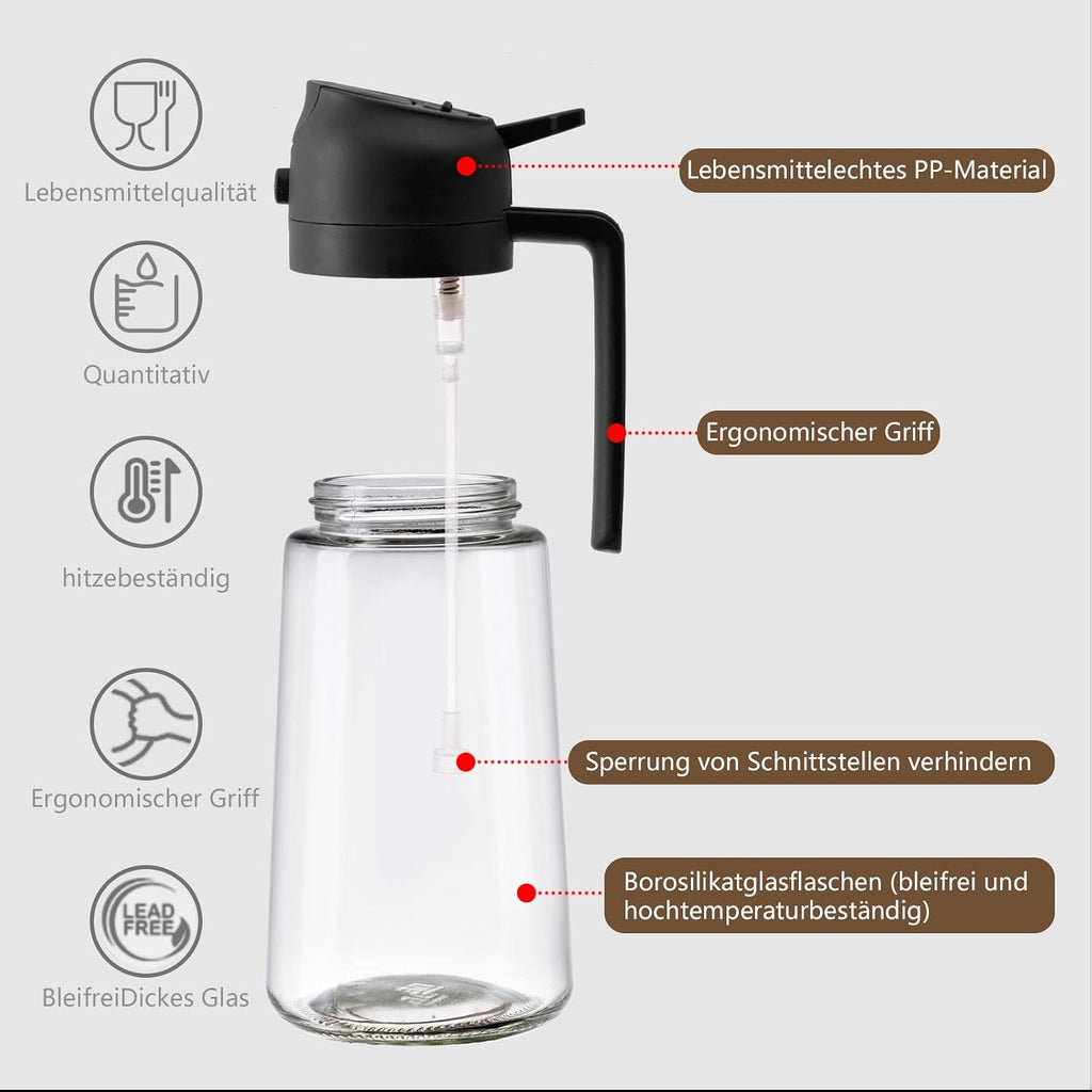 2in1 Oelsprueher Glas 470 ml schwarz fuer Kochen Grill Heissluftfritteuse