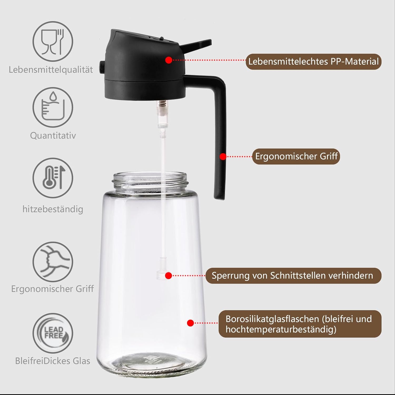 2in1 Oelsprueher Glas 470 ml schwarz fuer Kochen Grill Heissluftfritteuse