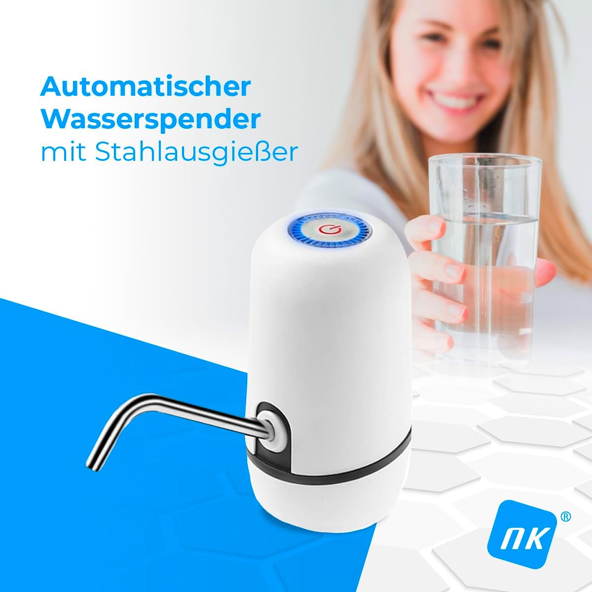 NK Wasserspender USB wiederaufladbar Edelstahl Dosierer BPA-frei fuer 1.5-18.9 L
