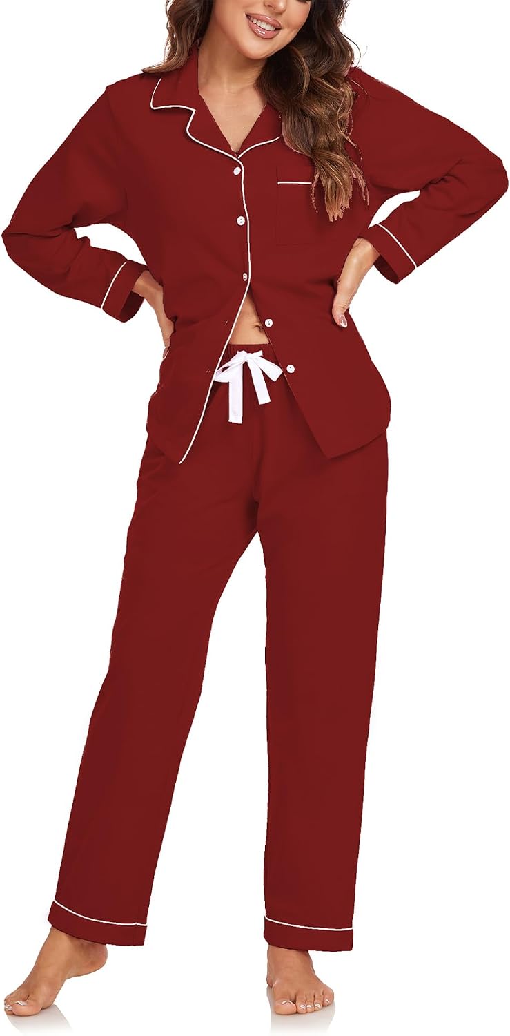 Colorfulleaf Damen Schlafanzug Lang Zweiteiler 100% Baumwolle Knopfleiste S-XXL