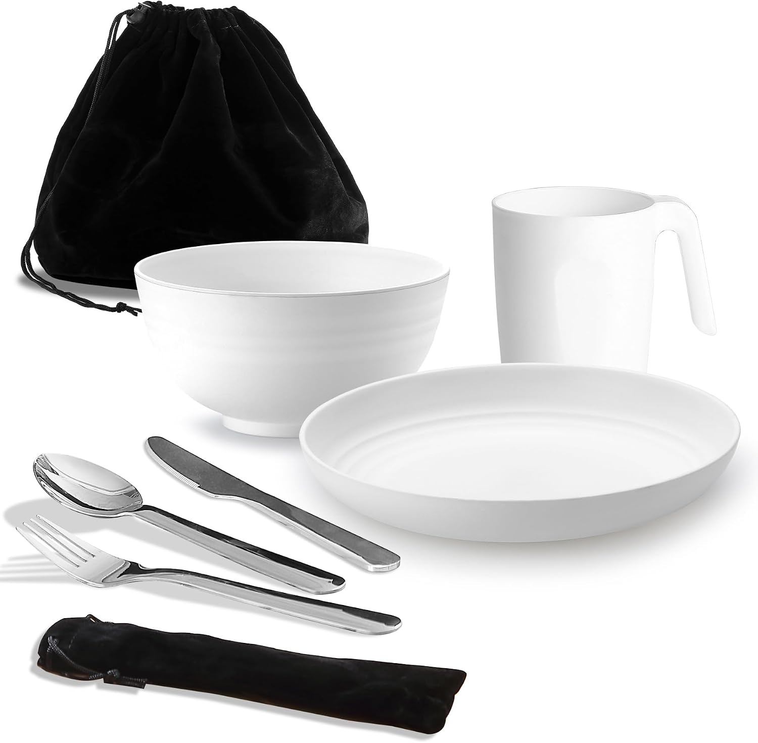 ReaNea Camping Besteckset mit Messer Gabel Loeffel Tasse Schuessel Teller