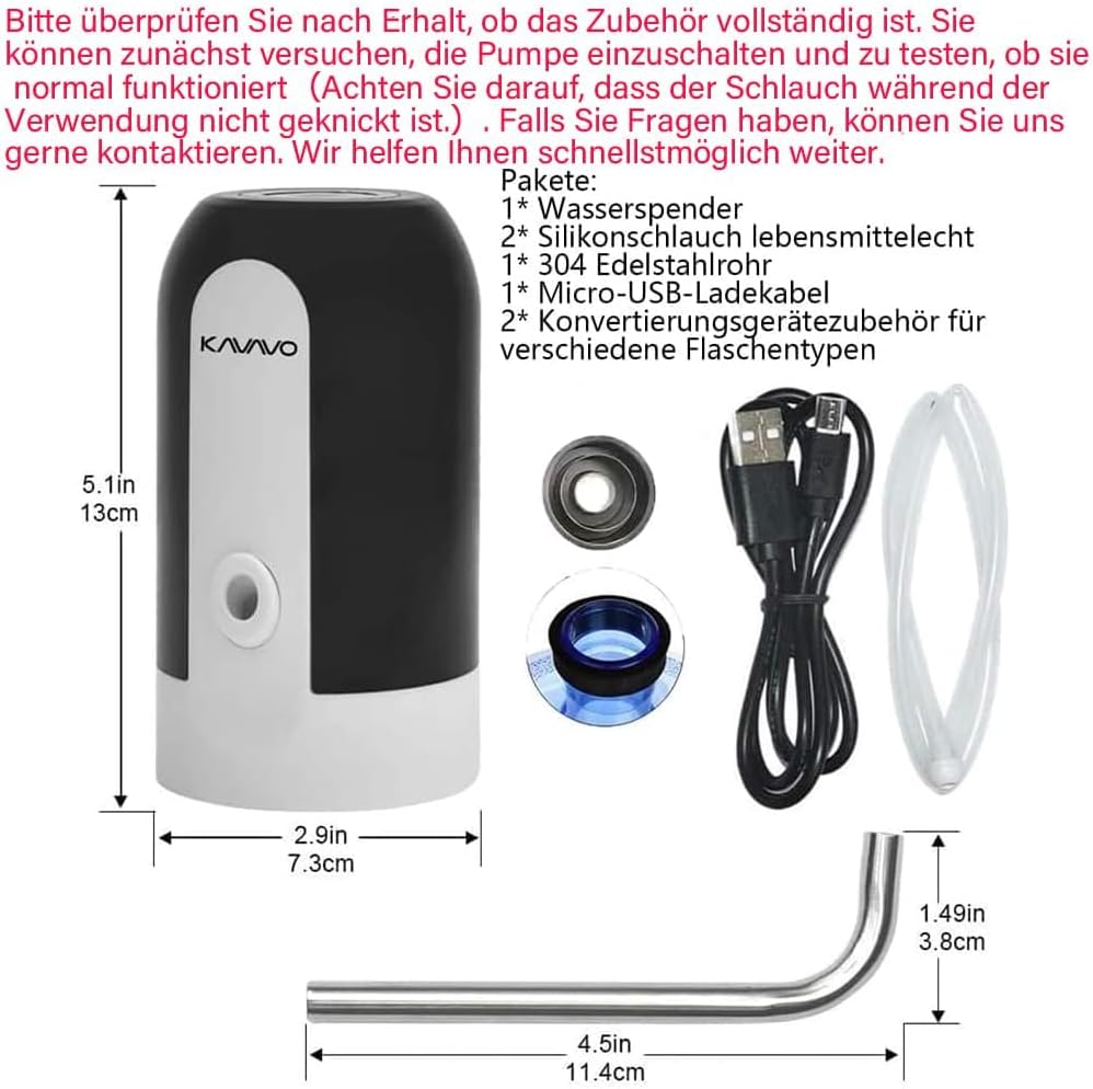 Elektrische Wasserpumpe USB wiederaufladbar mit 2 Adapter und Schlaeuchen, Edelst