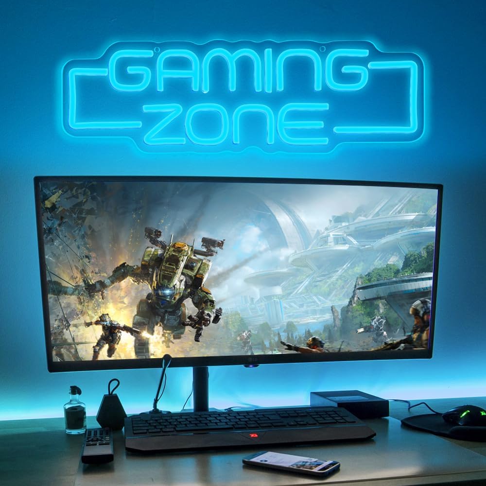Gamingzone LED Neon Schild ‚Game Zone‘ Wanddekoration fuer Gamer Teens