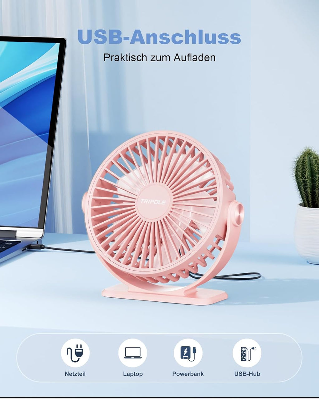 TriPole Mini Tischventilator USB 3 Geschwindigkeiten 360° Neigung leise