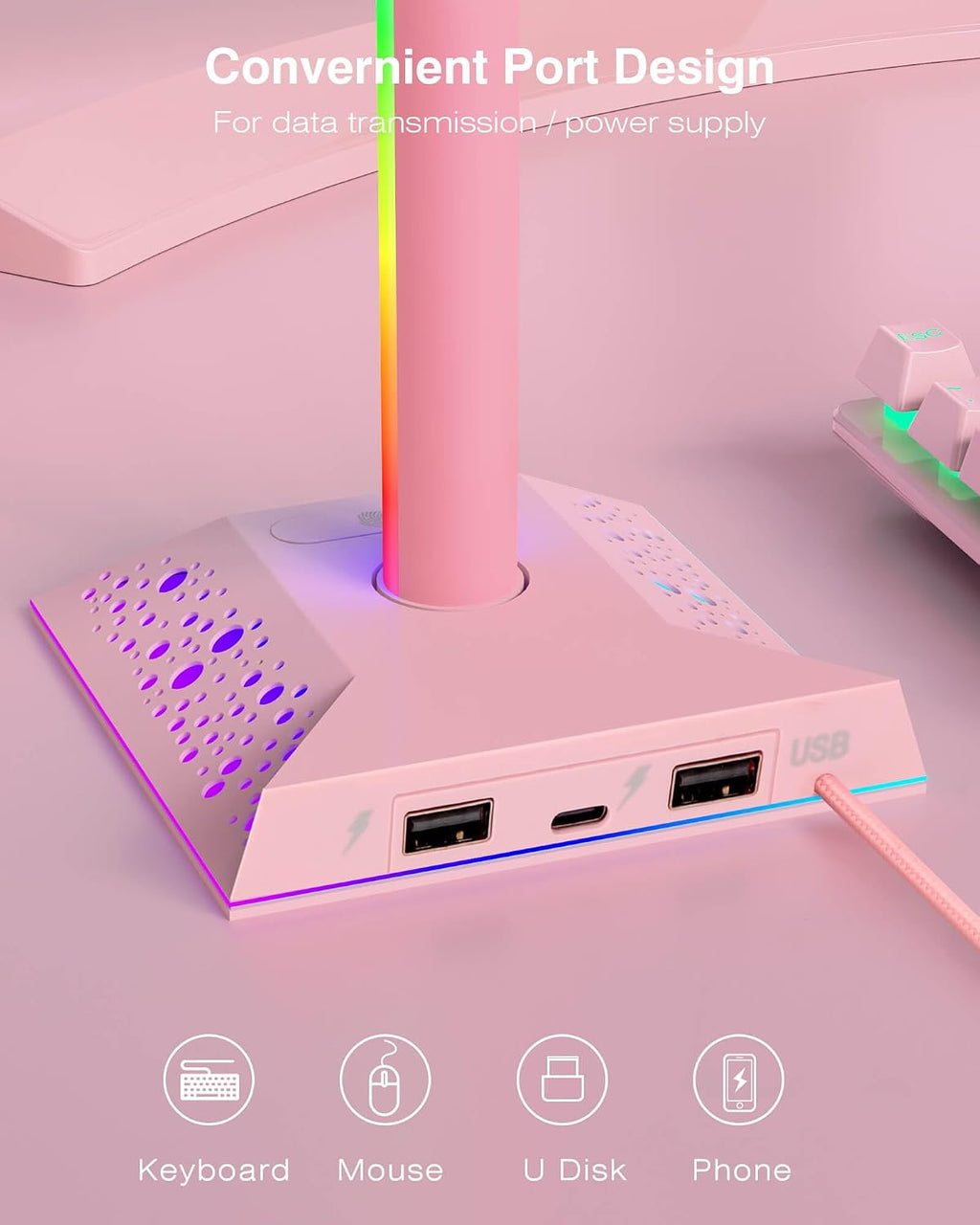 Hcman Headset Halter mit RGB Beleuchtung und 2 USB Anschluessen schwarz