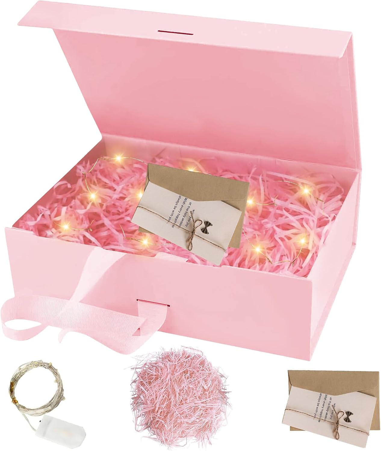 Geschenkbox 21x17x7 cm mit Deckel Schleife Karte und Licht Hochzeit