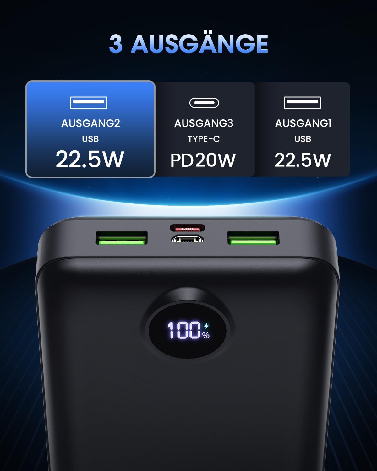 PowerBank 50000 mAh 22,5W USB-C Powerbank 3 Ausgaenge 2 Eingaenge LED Display