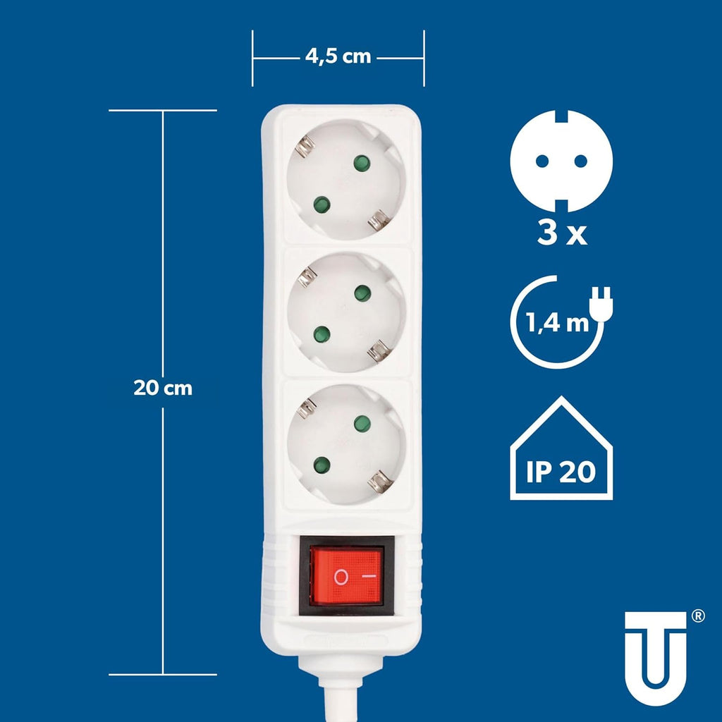 UNITEC Tischsteckdose 3‑fach mit Schalter 1,4 m Kabel Weiss