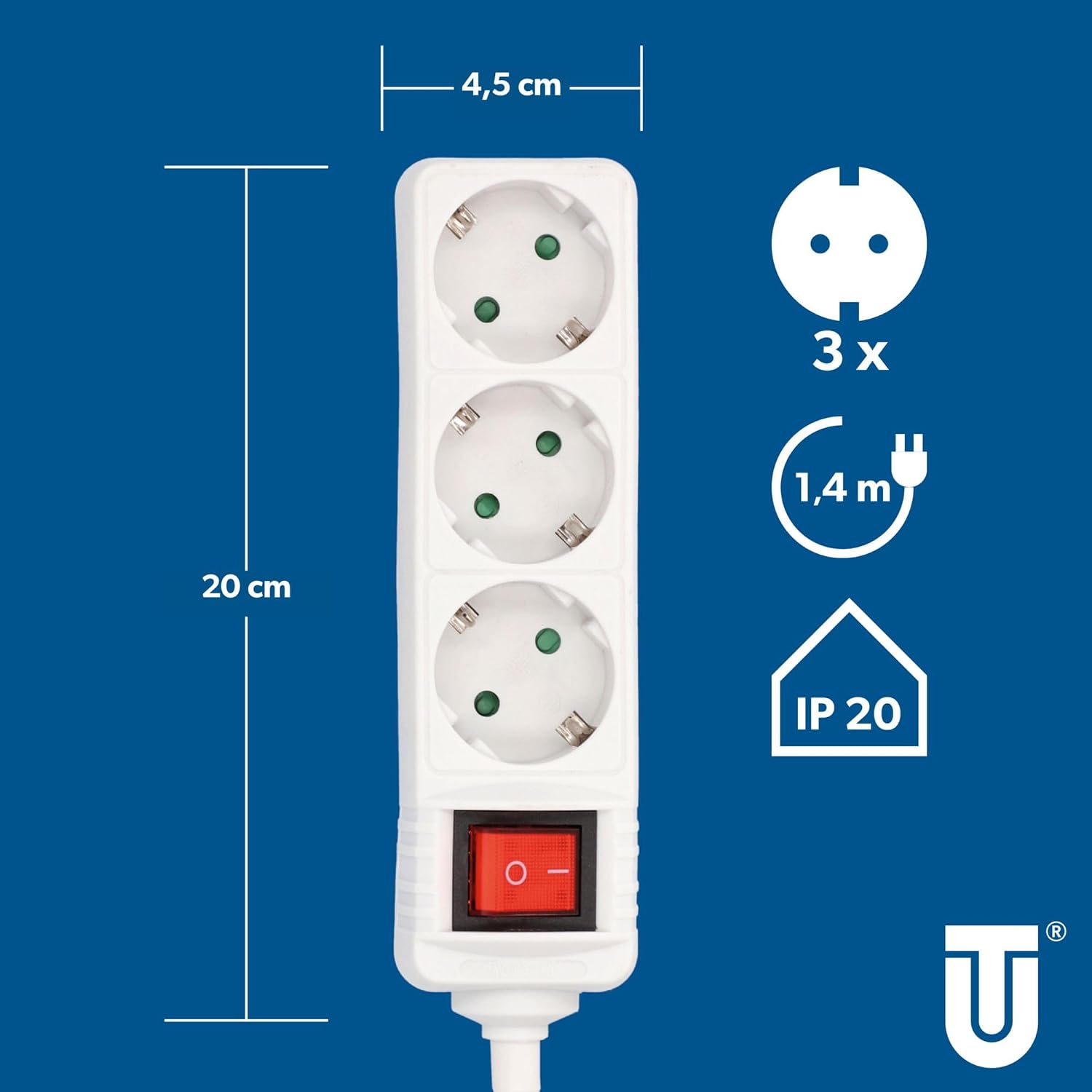 UNITEC Tischsteckdose 3‑fach mit Schalter 1,4 m Kabel Weiss