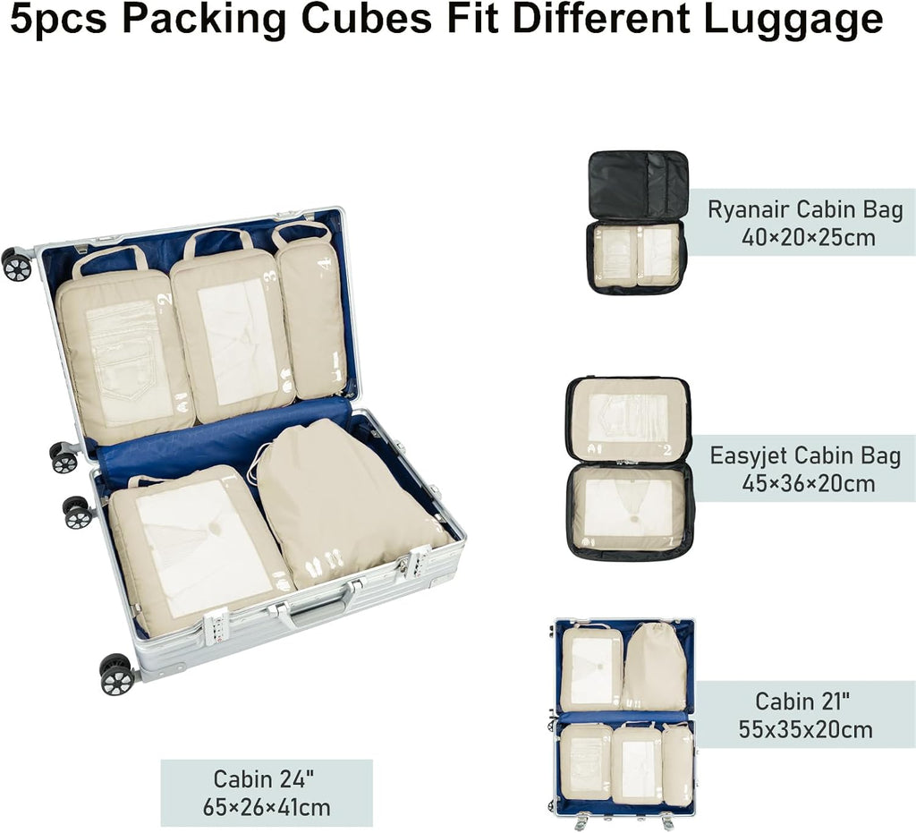 5er Set Kompressions Packing Cubes Koffer Organizer Gruen