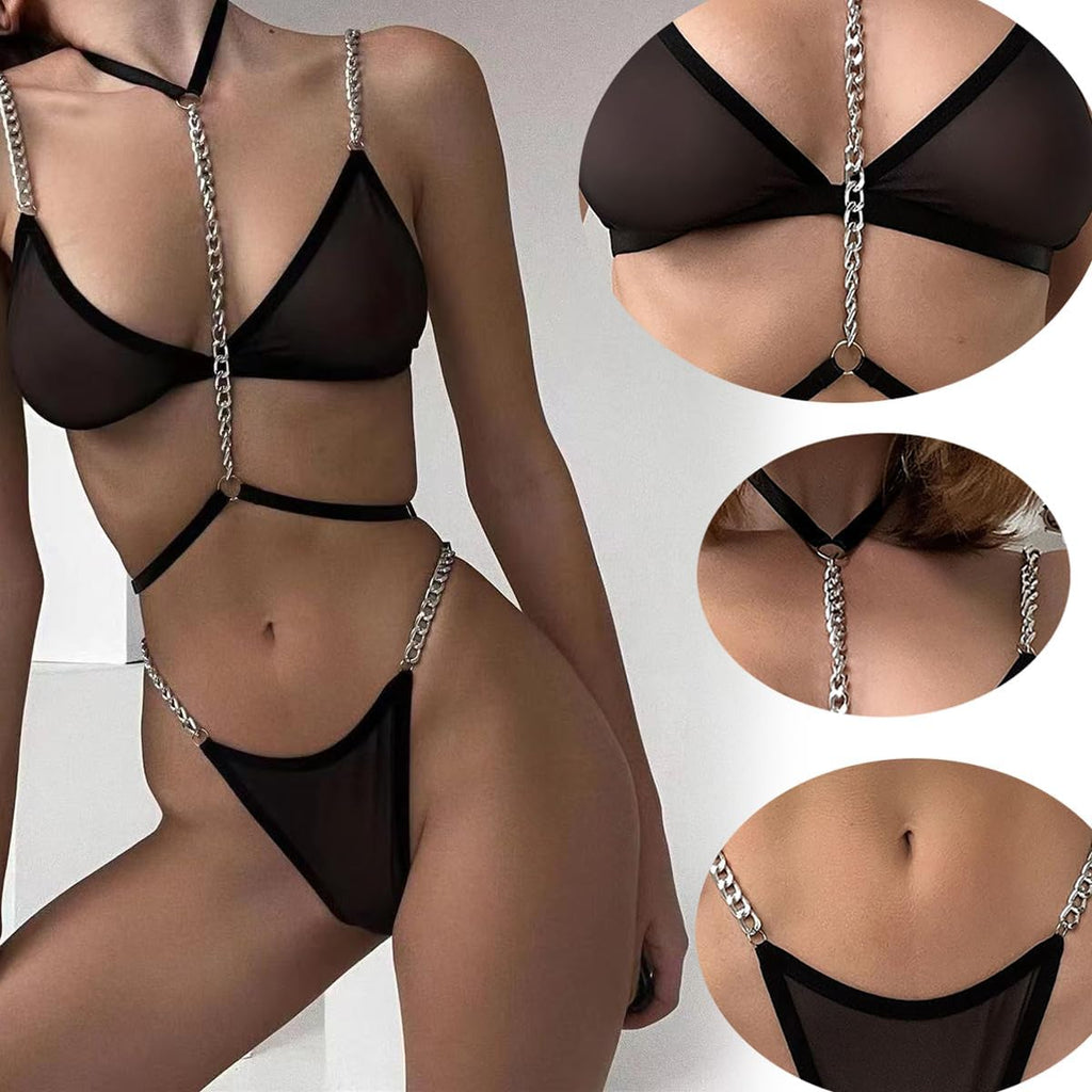 Damen Dessous BH mit Kettentraegern Slip mit Kettenakzent Set S-XL