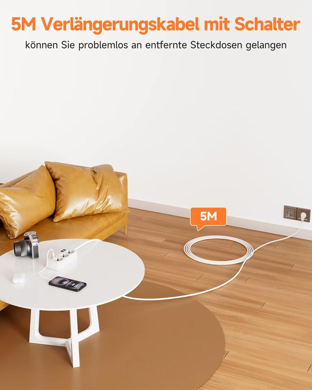 Steckdosenleiste 3-fach mit Ueberspannungsschutz und 4 USB 2x USB-C 1,5m-5m Weiss
