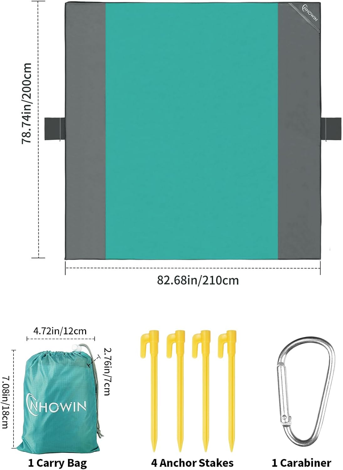 Sandfreie Stranddecke 210×200 cm wasserdicht ultraleicht mit 3 Reissverschlusstas