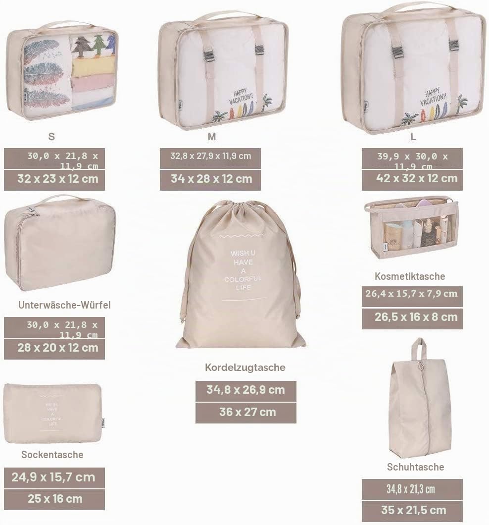 Reise Packwuerfel Set 8-teilig faltbar Gepaeck Organizer Aufbewahrung Beige