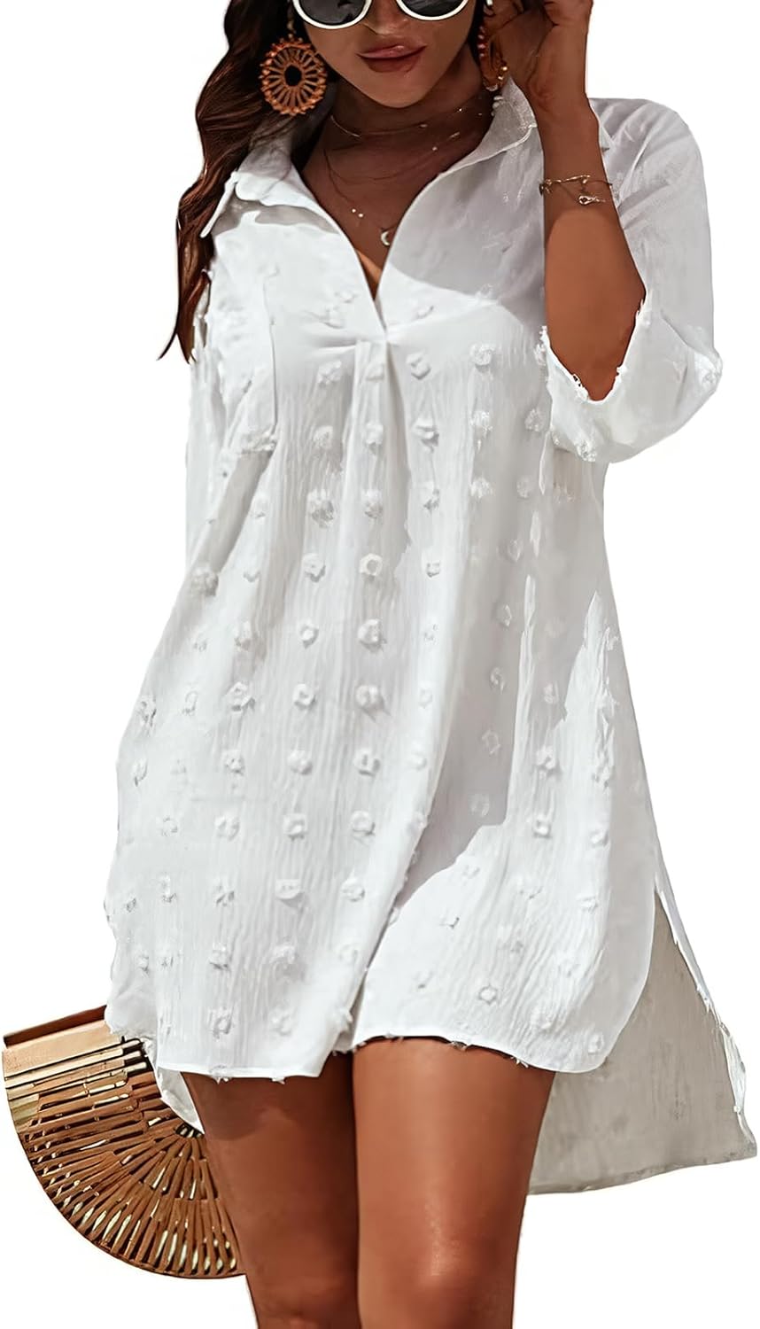 Strandkleid Damen V-Ausschnitt Baumwolle Cover-Up Strandtunika M-XL