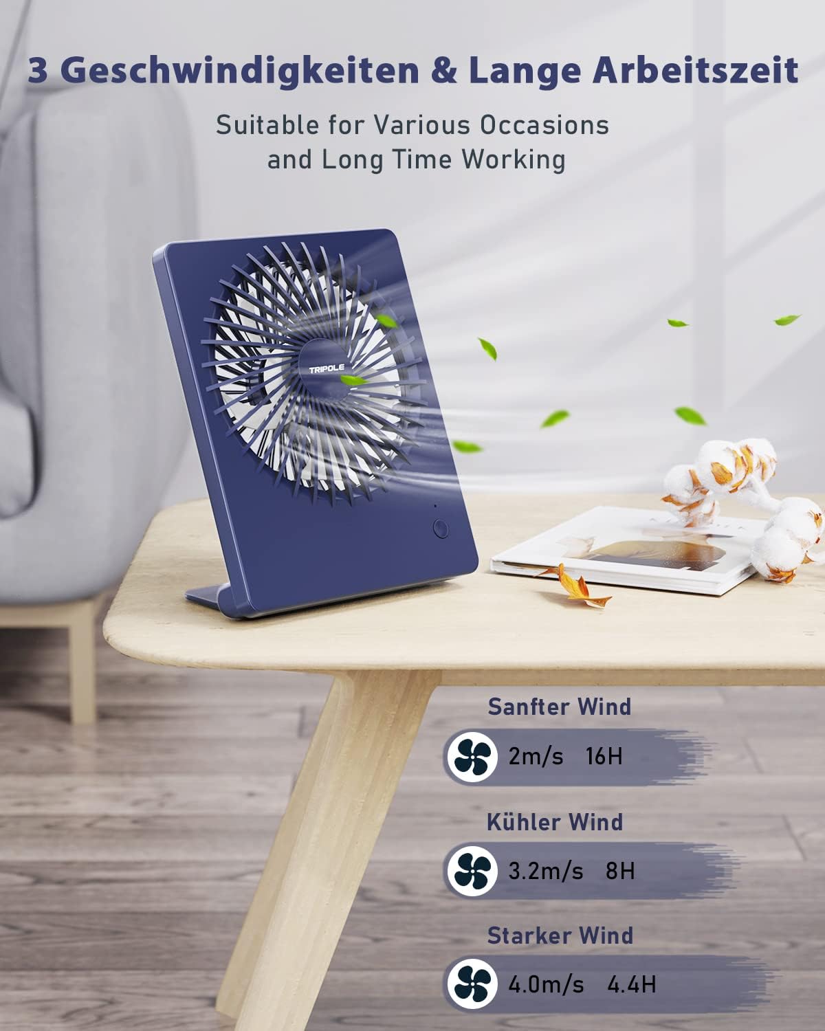 TriPole Tischventilator Akku 2000mAh, 3 Stufen, 30dB, 180° verstellbar