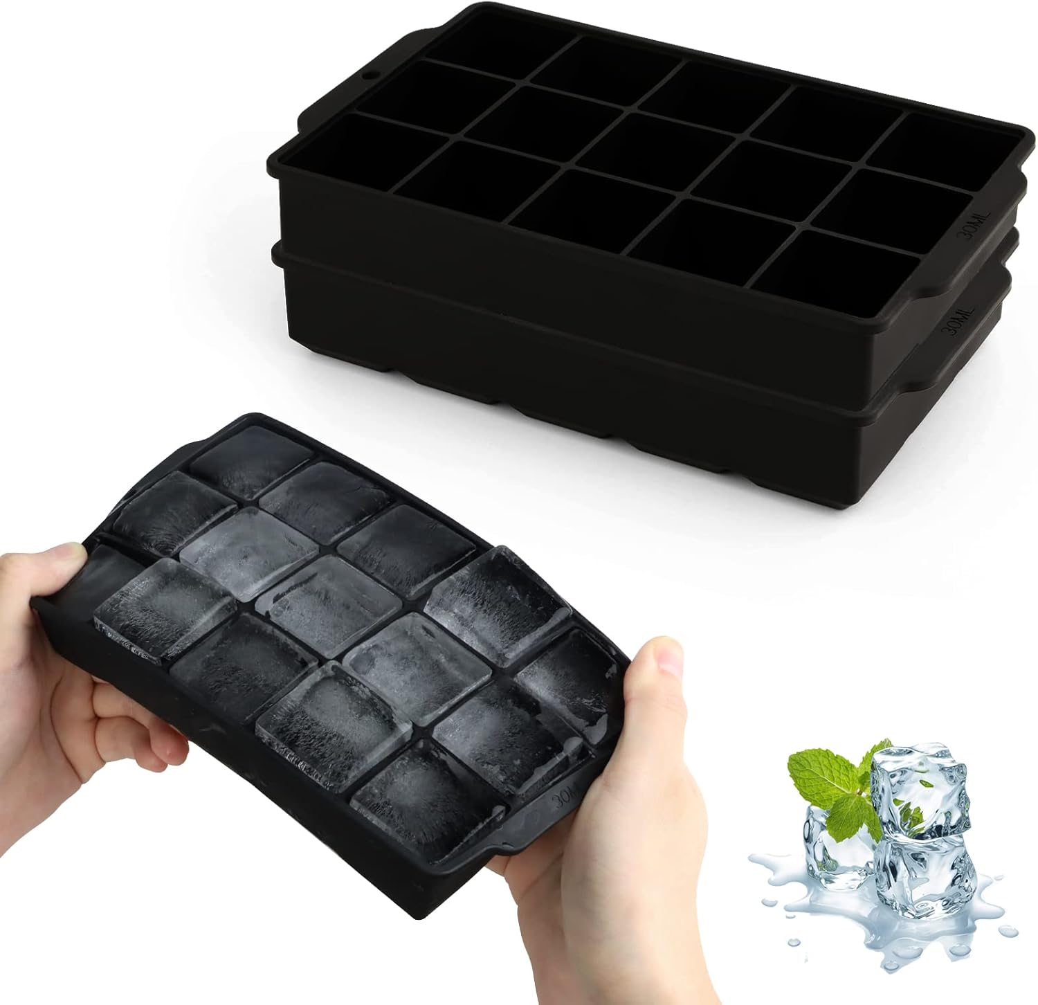 Eiswuerfelform Silikon 2er Set 30 Faecher 3,5 cm grosse Eiswuerfel fuer Whisky Cockta