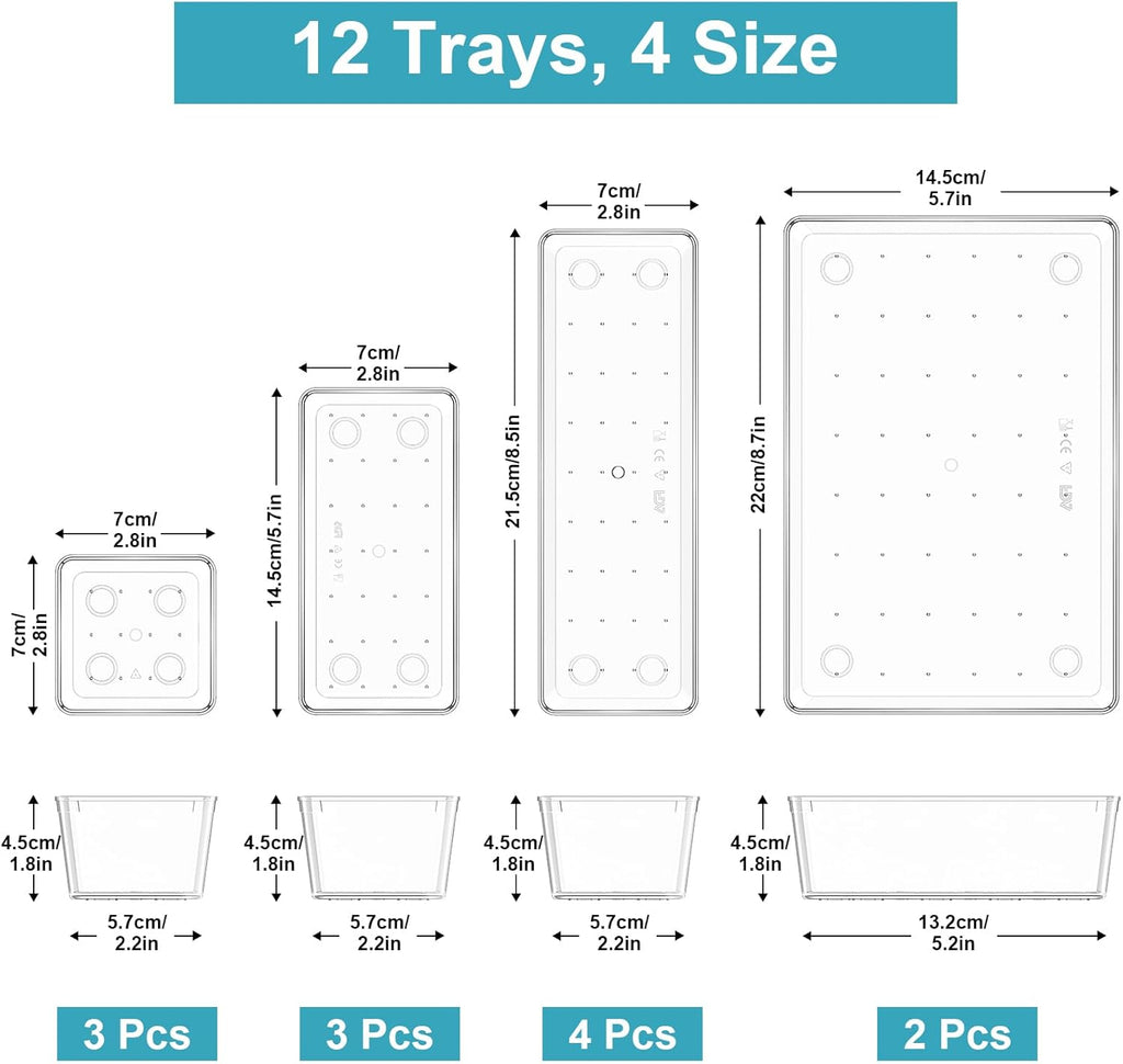 Schubladen Organizer 12er Set fuer Make-up, Buero, Kueche und Bad, 4 Groessen