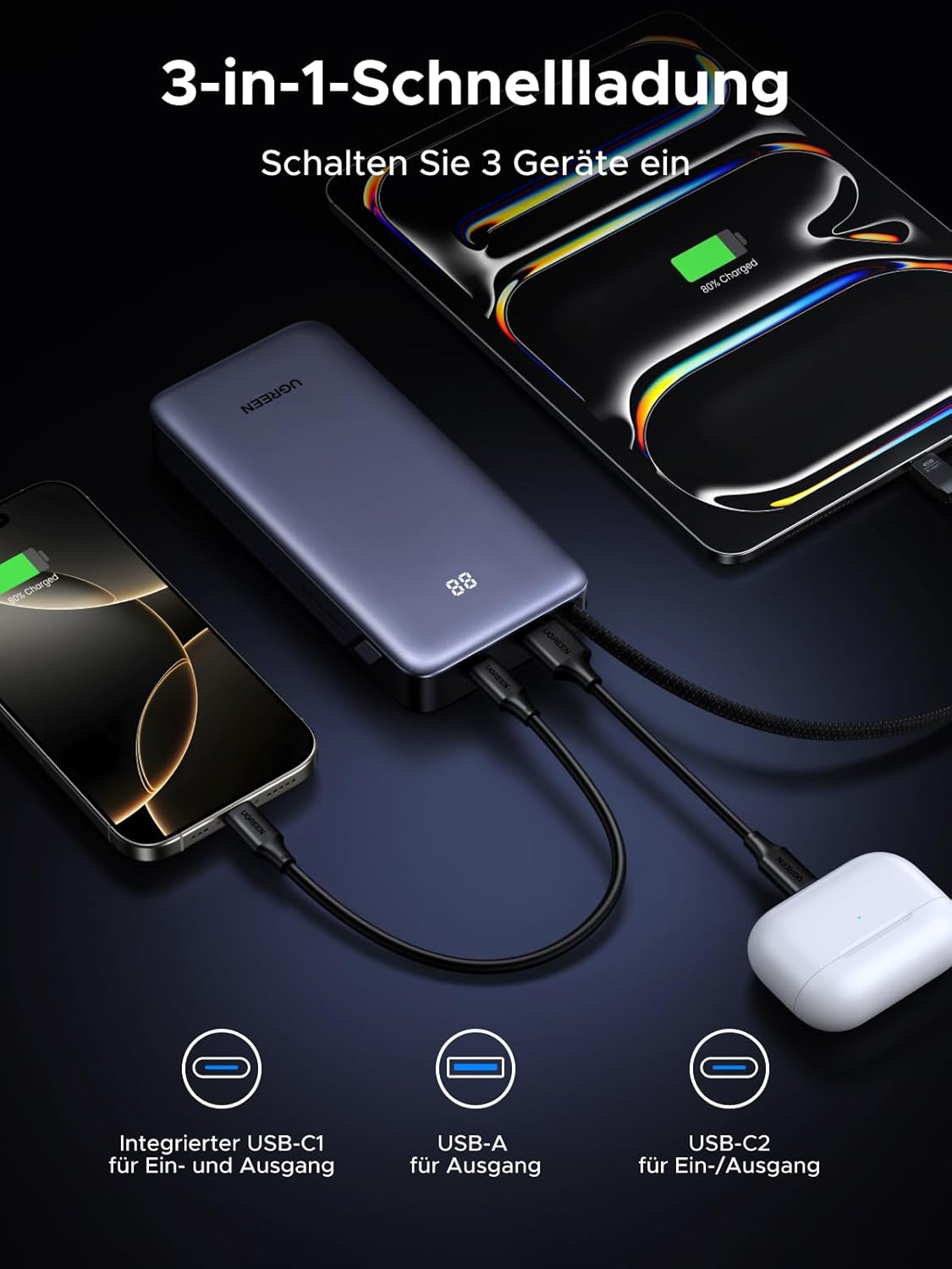 UGREEN Powerbank 20000 mAh 45W mit integriertem USB‑C‑Kabel Power Delivery