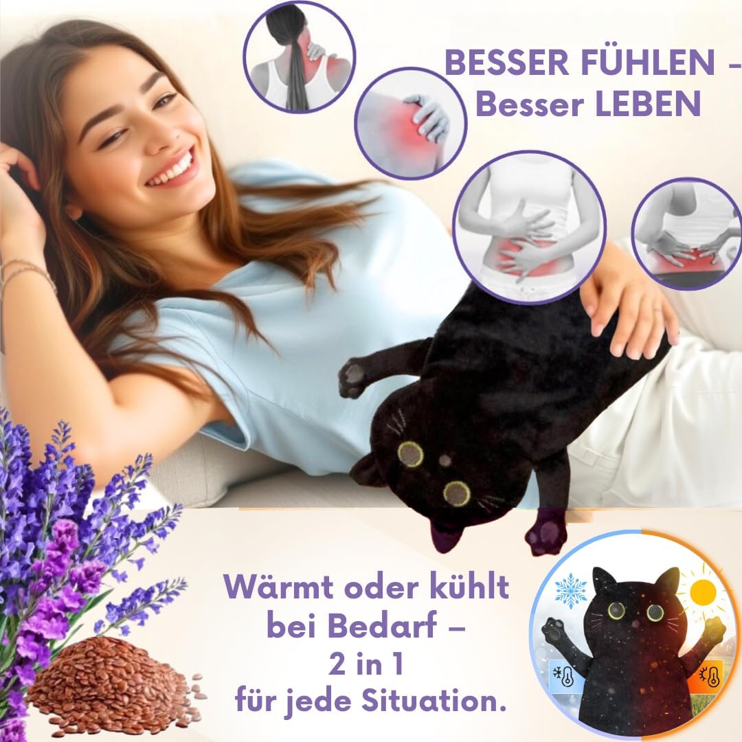 Koernerkissen Katze mit waschbarem Bezug - Waerme- und Kaeltekissen fuer Verspannung
