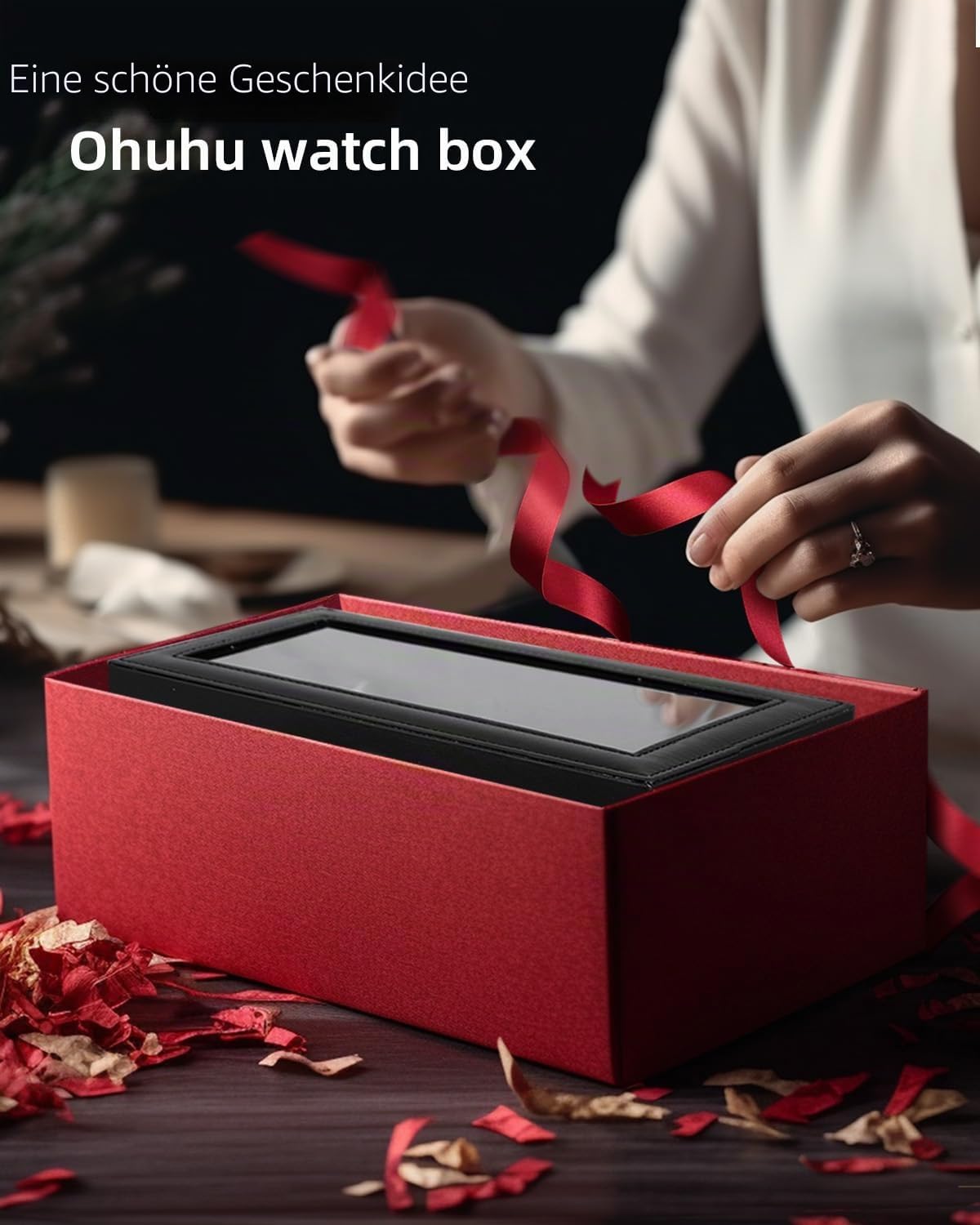 Ohuhu Uhrenbox 6 Faecher mit Glasdeckel Uhrenaufbewahrung