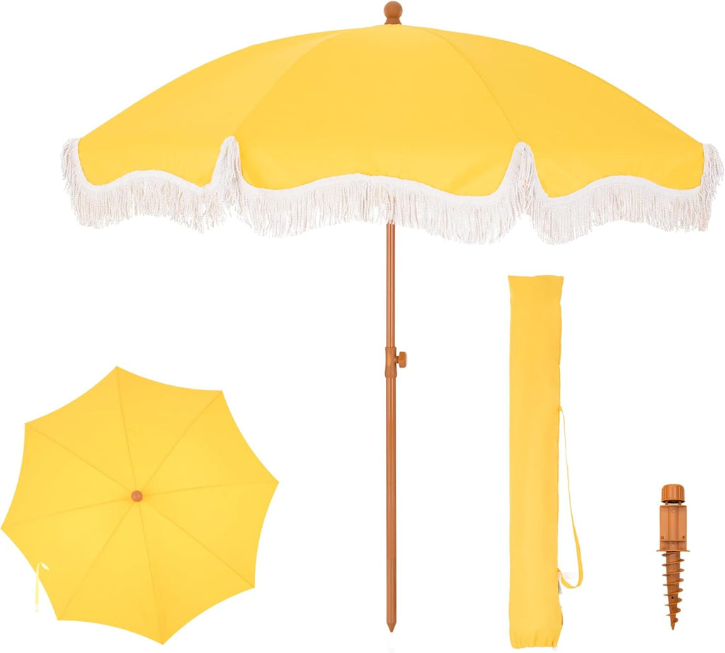 PHI VILLA Sonnenschirm Balkon 200 cm knickbar rund mit Fransen, UPF 50+