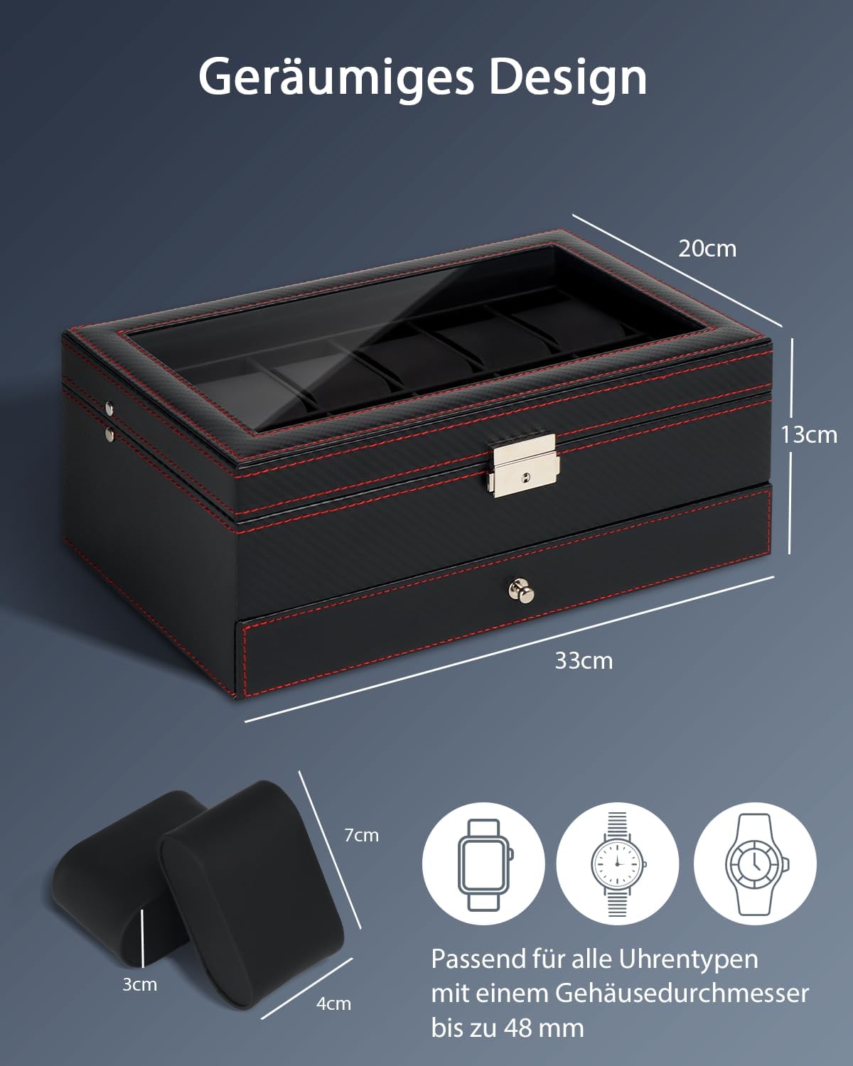 Uhren- und Sonnenbrillenbox mit Glasdeckel 6 Faecher Schmuckkasten Herren