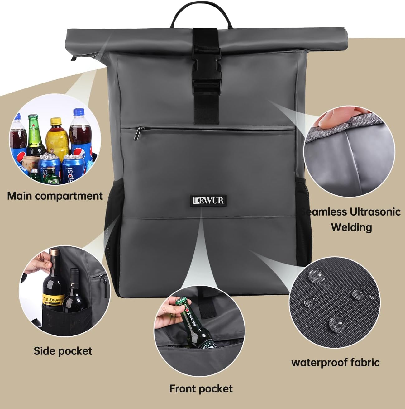 DEWUR Thermo Rucksack Kuehlrucksack wasserdicht mit Flaschenoeffner Schwarz