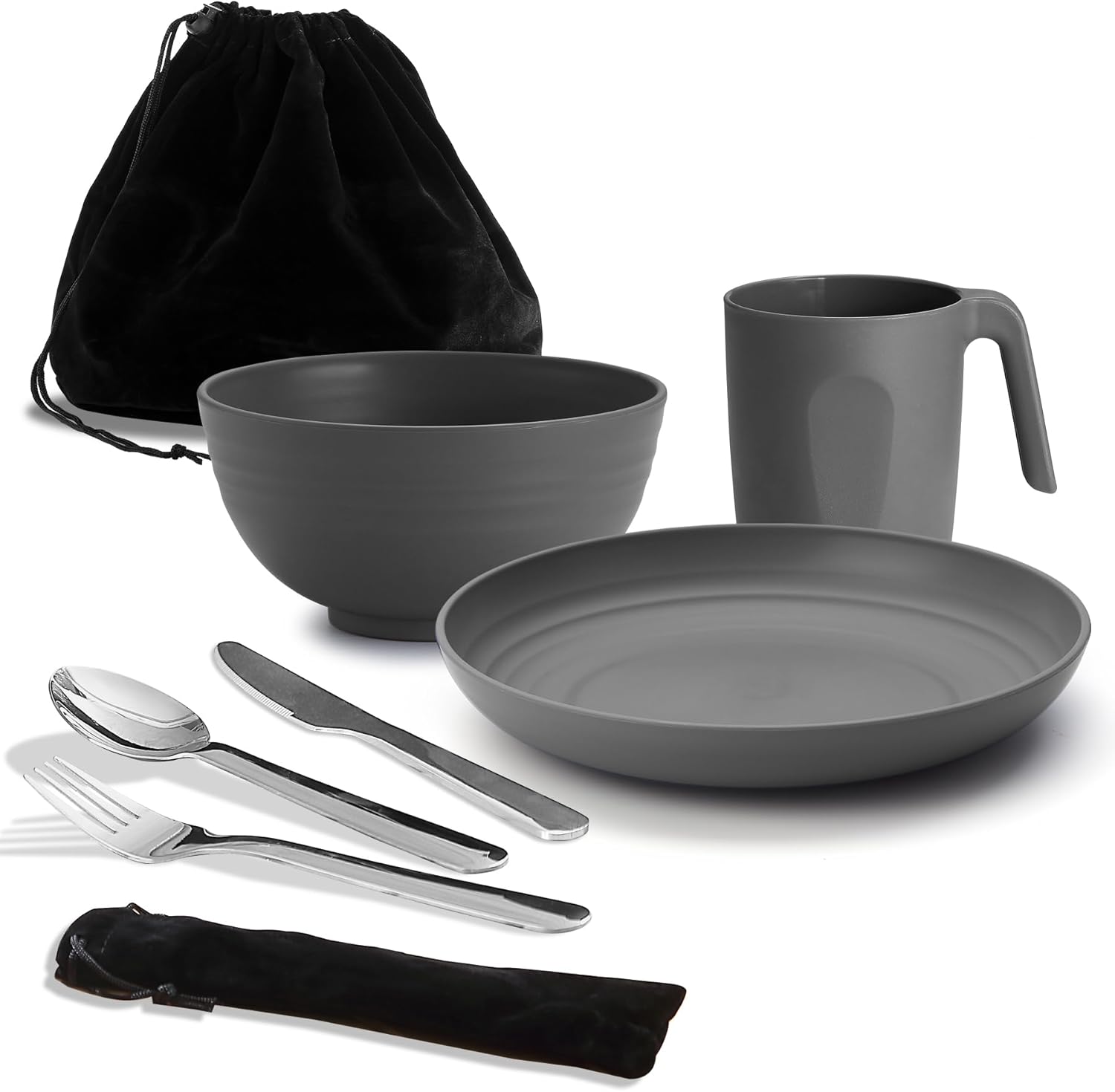 ReaNea Camping Besteckset mit Messer Gabel Loeffel Tasse Schuessel Teller
