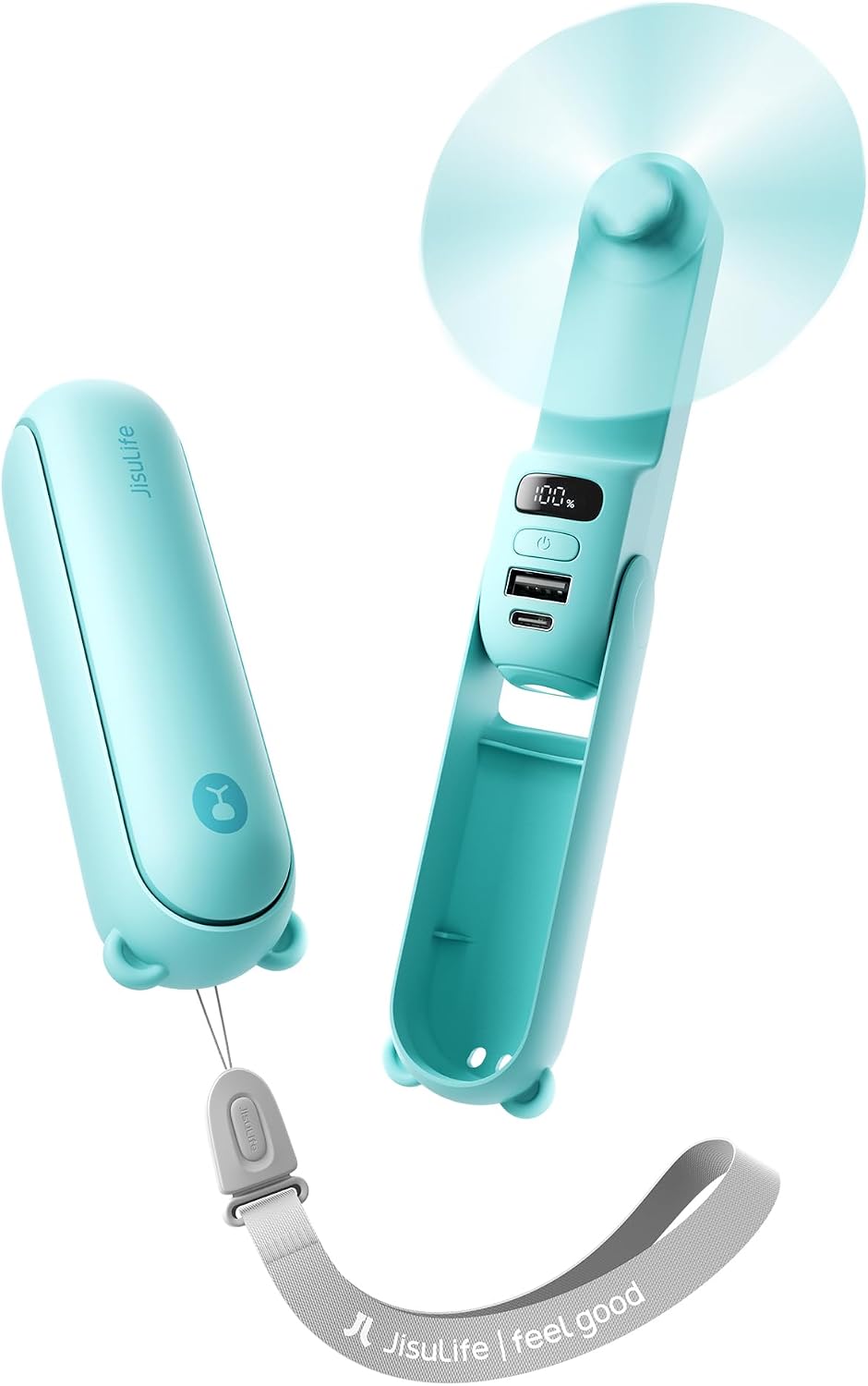 JISULIFE Mini Handventilator braun mit Powerbank LED-Anzeige Taschenlampe 24h