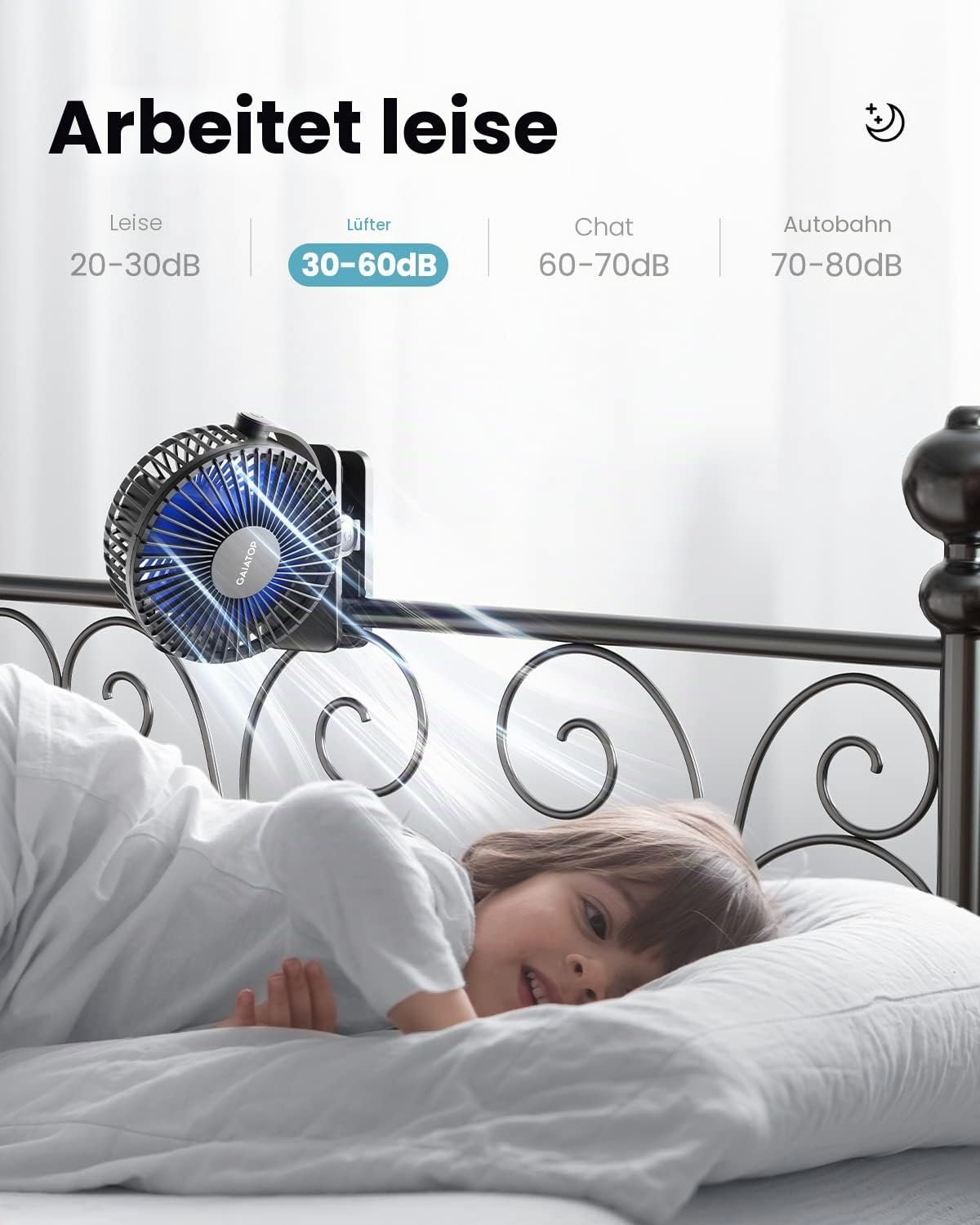 Gaiatop Mini USB-Tischventilator, Clip, Akku, 3 Geschwindigkeiten, Schwarz