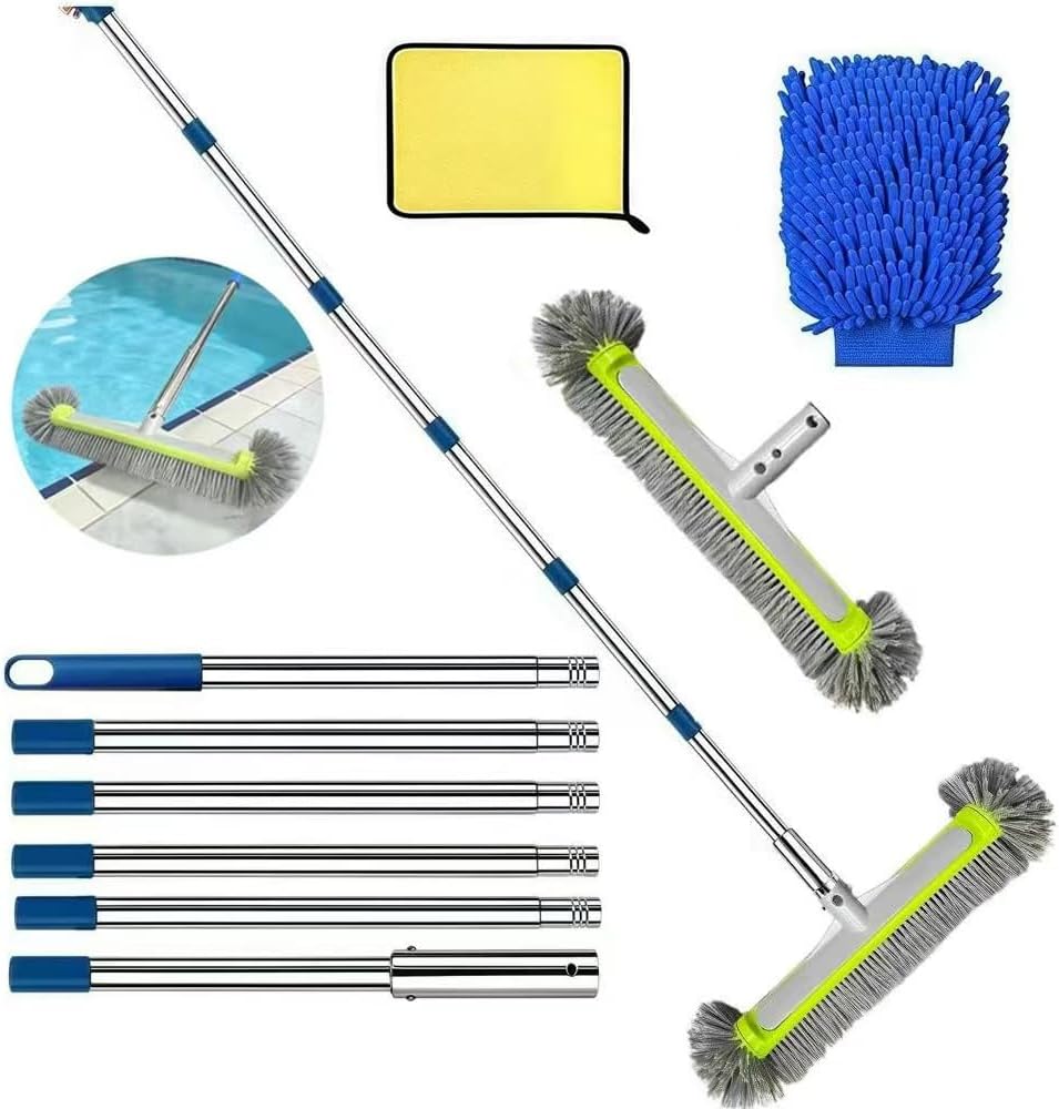 Poolbuersten Set 45 cm mit Teleskopstange 230 cm, Reinigungstuch & Waschhandschuh