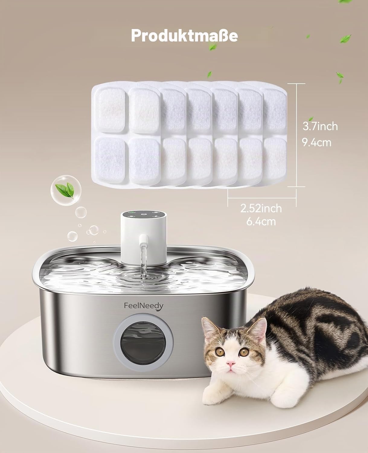 FEELNEED Katzenbrunnen kabellos 5000 mAh mit 3 Filtern Edelstahl