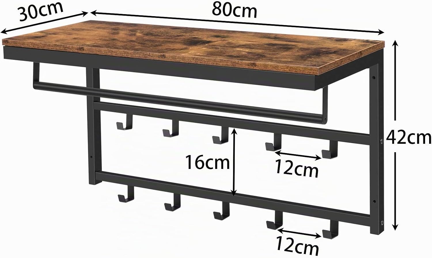Hoobro Wandgarderobe 42cm mit Ablage und 10 Haken Industriestil