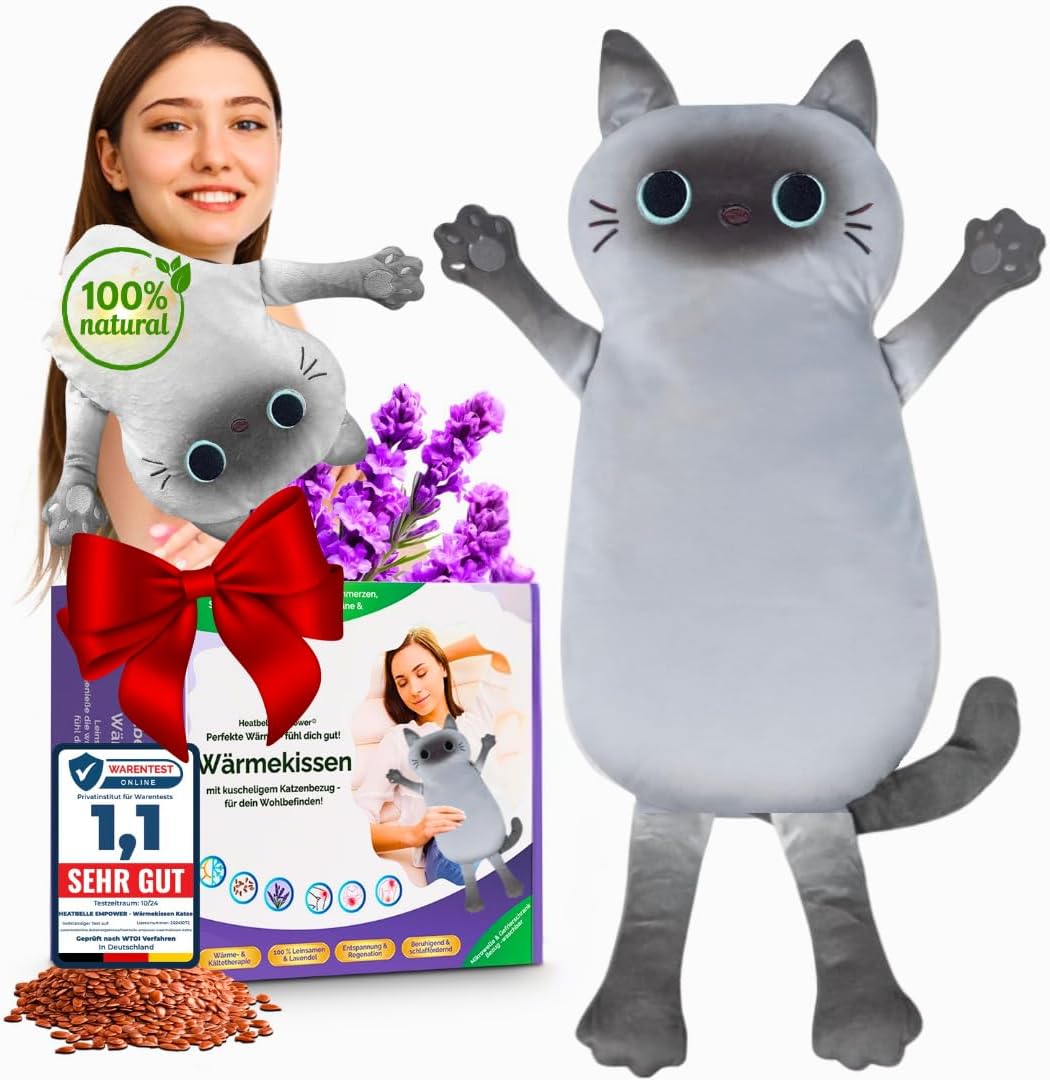 Koernerkissen Katze mit waschbarem Bezug - Waerme- und Kaeltekissen fuer Verspannung