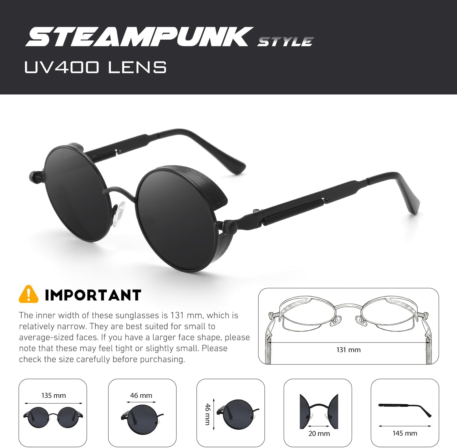 CGID Sonnenbrille rund Polarisiert UV400 Metallrahmen Retro Steampunk Unisex