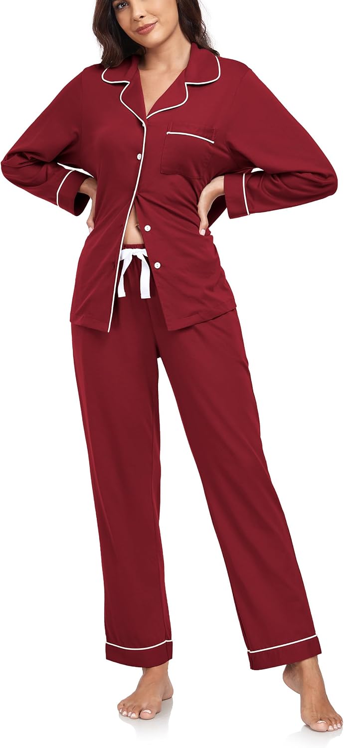 Colorfulleaf Damen Schlafanzug Lang Zweiteiler 100% Baumwolle Knopfleiste S-XXL