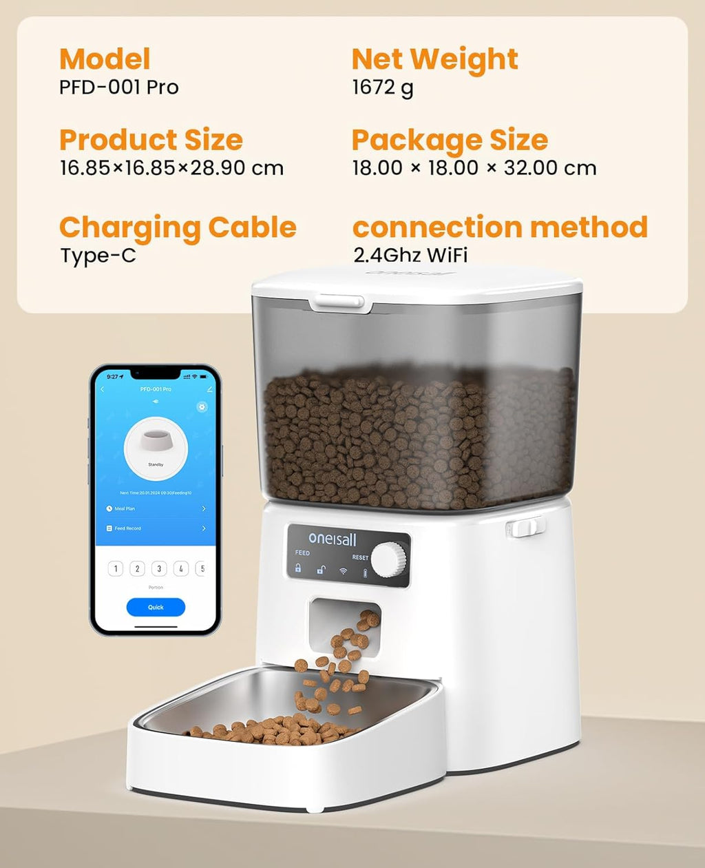 oneisall Futterautomat fuer Katzen 3,5L mit WLAN App und Edelstahlnapf