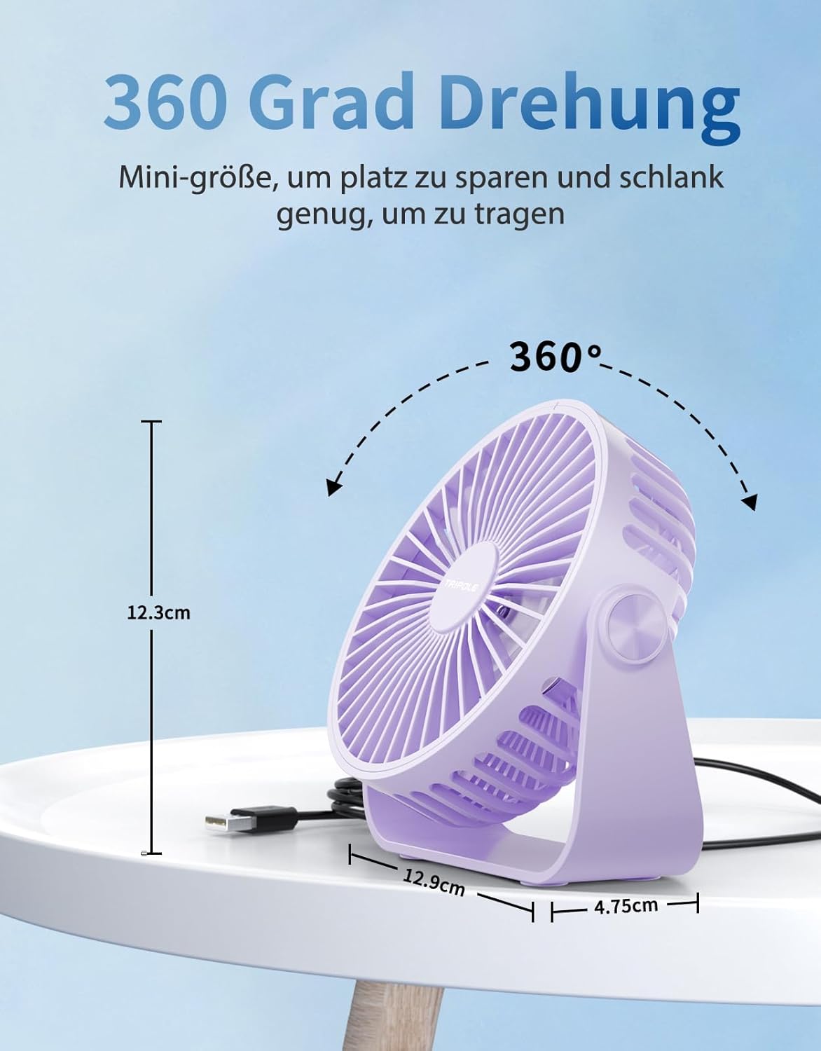 TriPole USB Tischventilator 11,4 cm 3 Stufen 360° verstellbar 1,5 m Kabel
