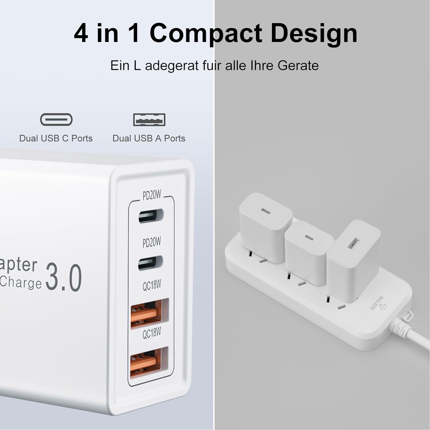 45W USB C Ladegeraet 4 Port Schnellladegeraet mit USB A und USB C