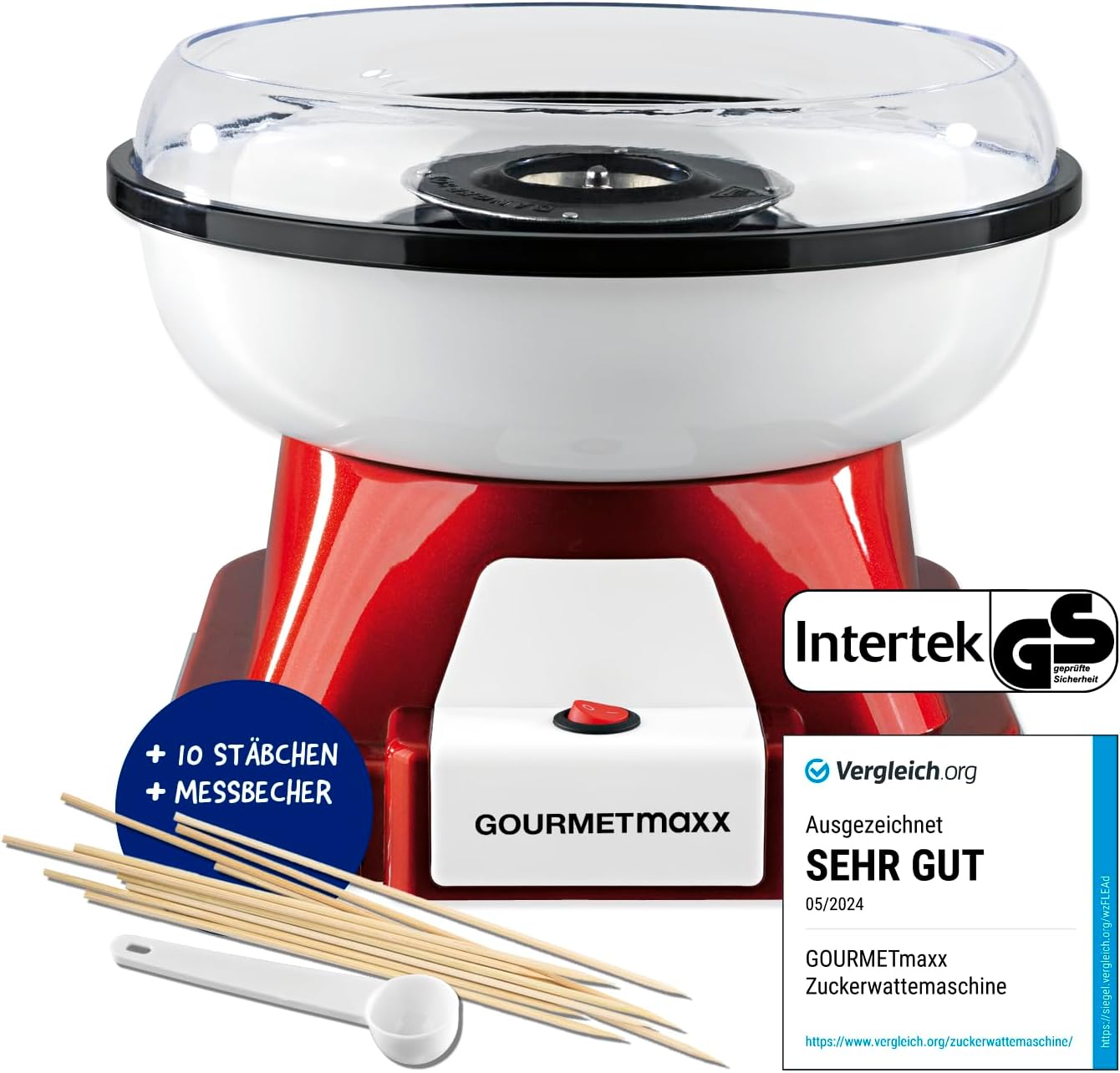 GOURMETmaxx Zuckerwattemaschine Retro mit Staebchen und Messloeffel Rot Weiss