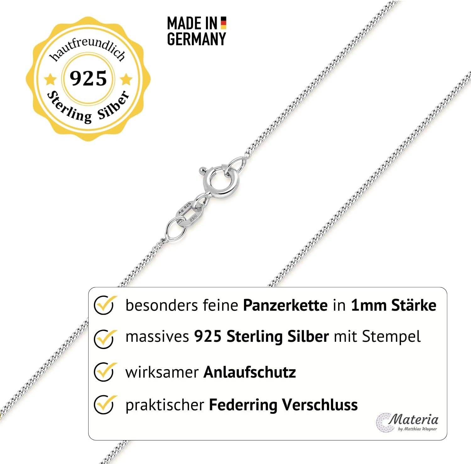 MATERIA 925 Silber Panzerkette 1 mm Damen Halskette cm