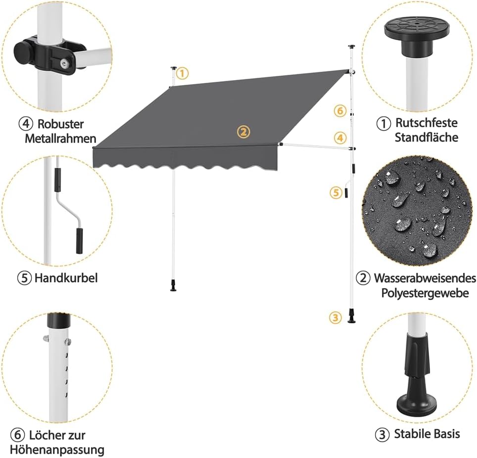 Yaheetech Klemmmarkise Balkonmarkise 300 cm Breite hoehenverstellbar 150cm-300cm