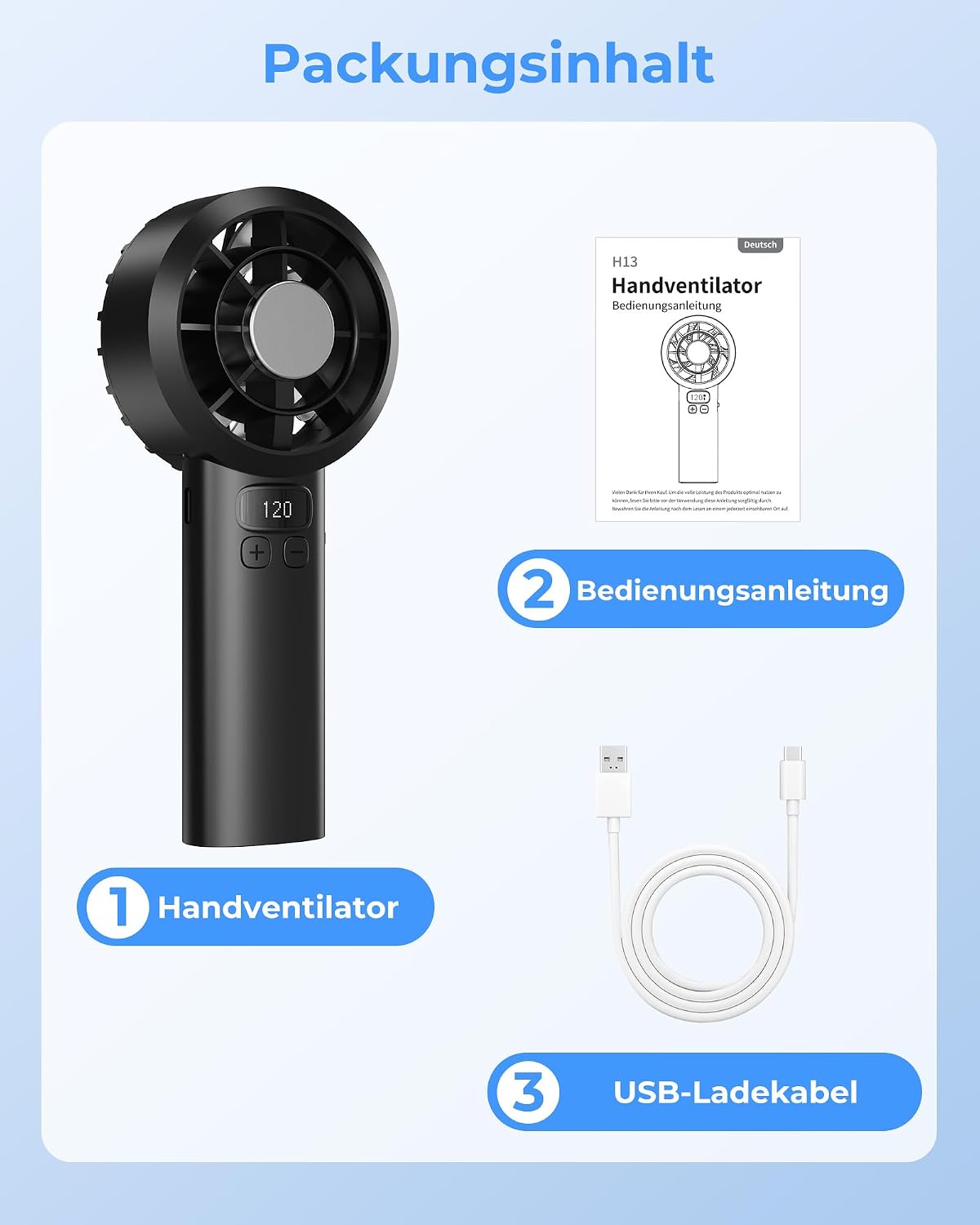 Handventilator 3000 mAh USB Tragbar 120 Stufen LED-Display Sicherheitsverriegelu