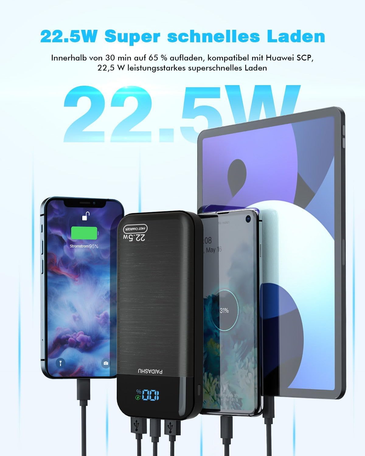 Powerbank 27000 mAh 22,5W USB-C + 2x USB-A LCD Display Externer Akku