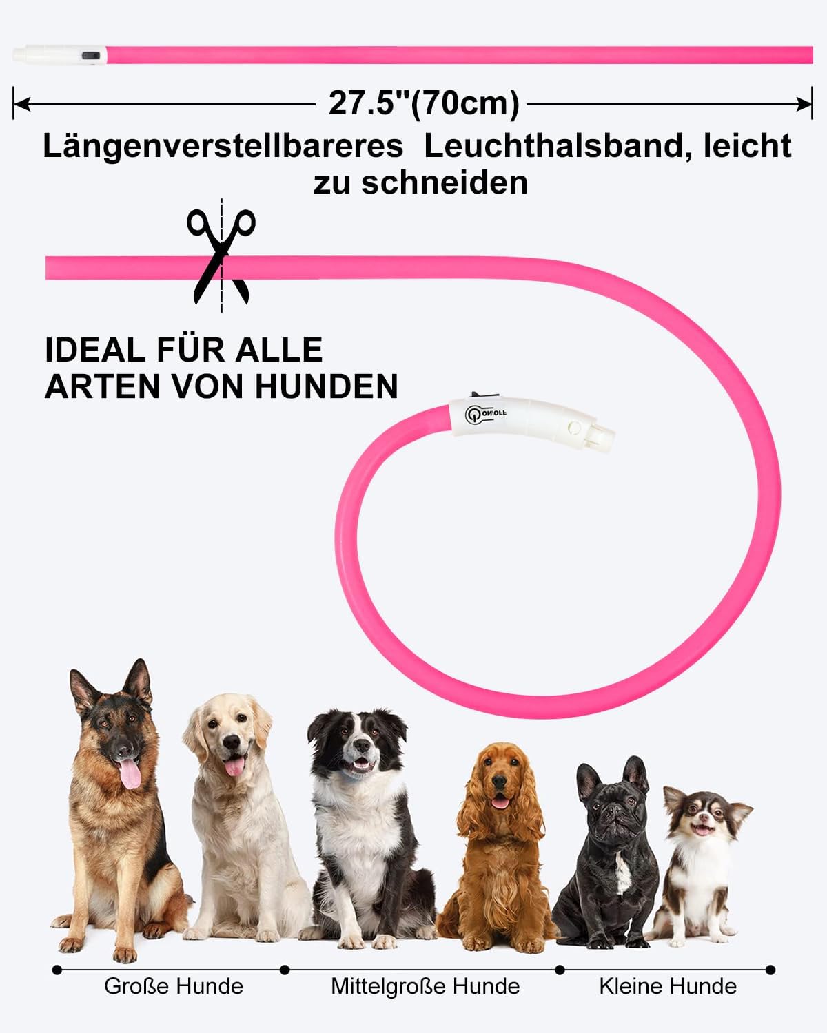 Joytale LED Leuchthalsband USB aufladbar Rosa - 3 Modi fuer kleine bis grosse Hund